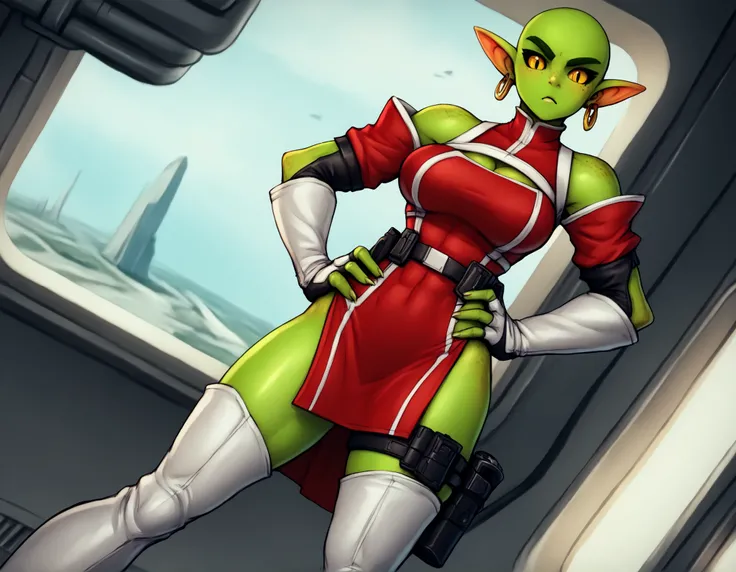 (((Solo))), score_9,score_8_up,score_7_up, alien girl, monster girl, slit pupils, yellow pupils, black sclera, green skin, pointy ears, bald, hourglass figure, (((1girl))), medium breasts, athletic, (((red sci-fi uniform with white accents))), (((red unifo...