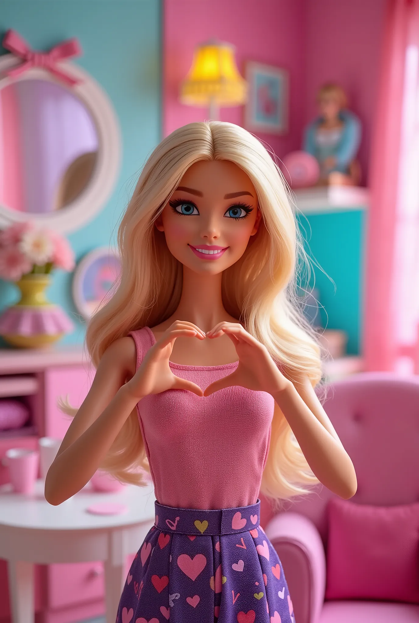 Create a vibrant and colorful scene featuring a Barbie doll making a heart shape with both hands. The background should depict a stylish and playful Barbie-themed room, filled with bright and cheerful colors. Capture the essence of fun and creativity in th...