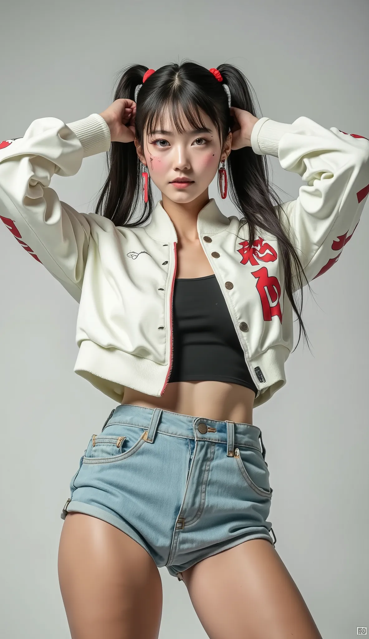Ultra-realistic image of a sexy East Asian woman towering over the camera in a dynamic pose, low perspective, from below. She is gazing down at the camera with cheerful expression. Wearing a 90s-inspired outfit —cropped varsity jacket, denim shorts, white ...