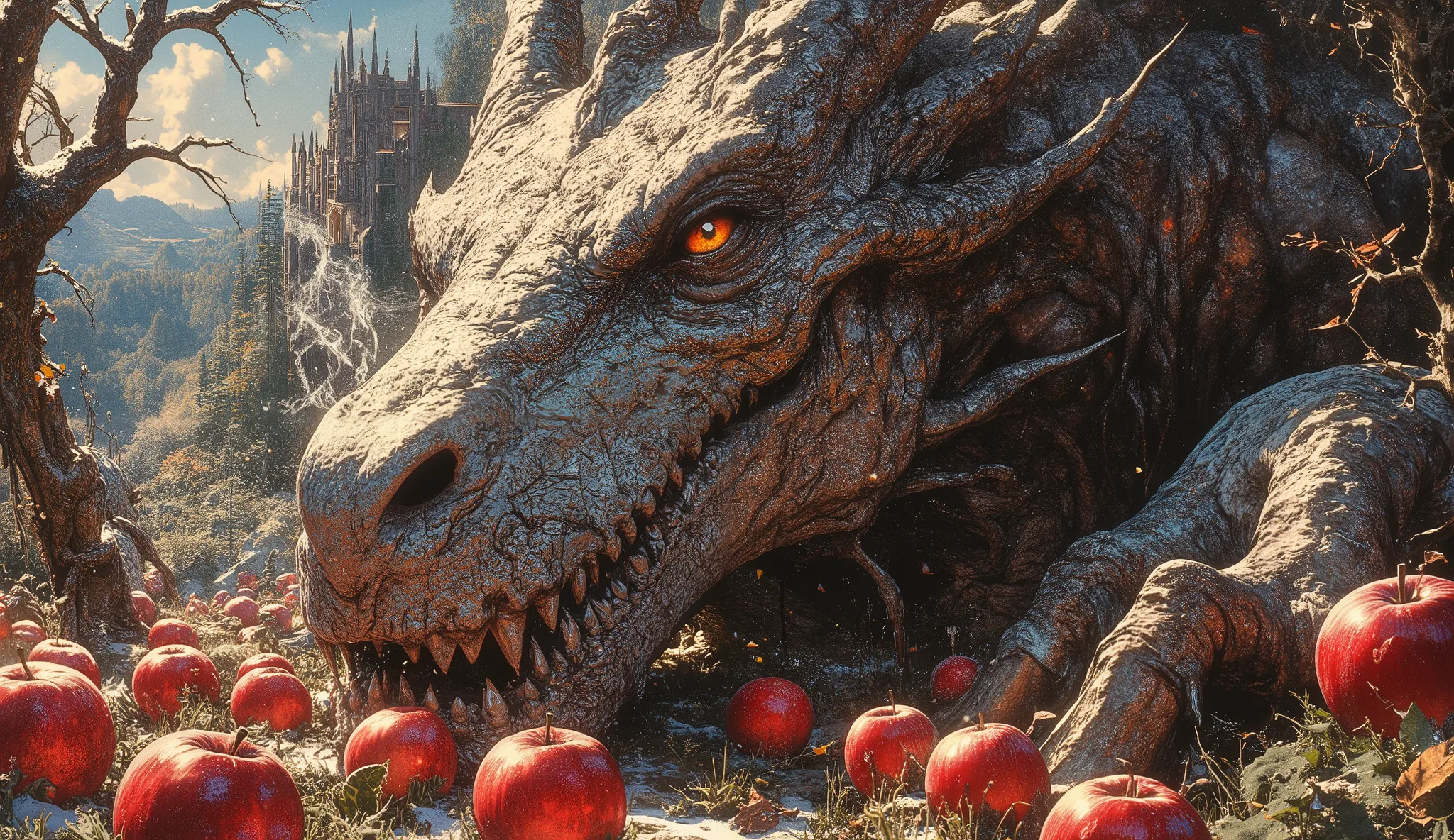 mythp0rt, ArsMJStyle, FFAIM, impressionism, style detailed and epic, low angle, looking vertically upwards at the full-length figure of a huge final antagonist - a huge, terrifyingly beautiful fantastic dragon, covered with iridescent mirrored holographic ...