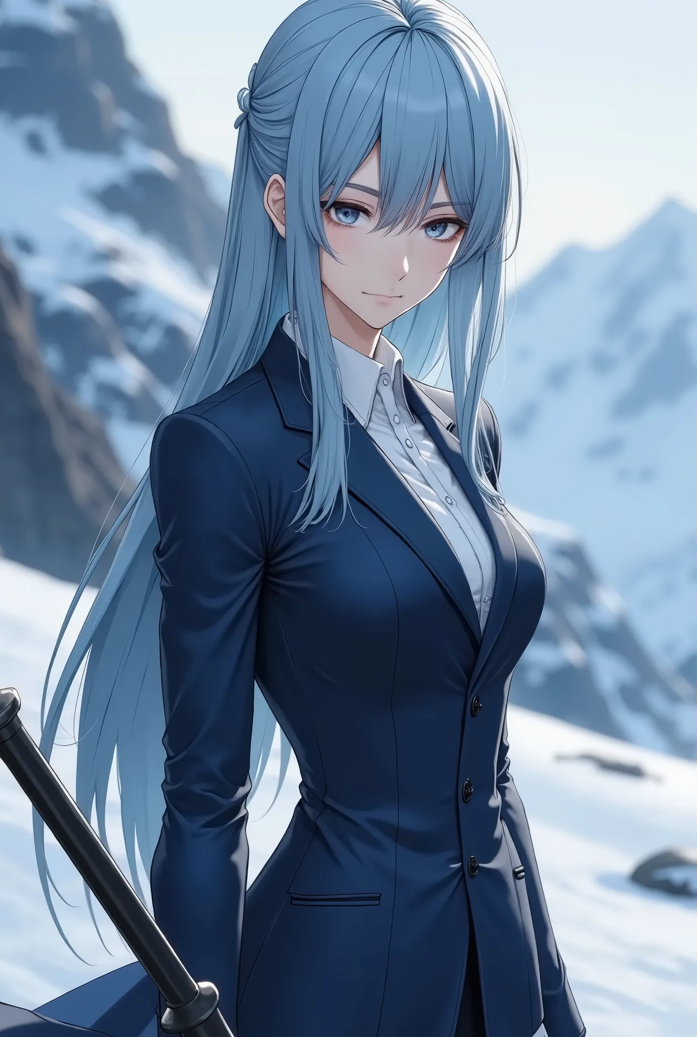 high definition, Professional Level, detailed description, Female in her 20s, light blue long hair, gray eyes, calm and strict atmosphere, Fascinating, formal suit, Skinny body, Possession of a rapier, expressionless, Snow Mountain Background, 4K, High qua...