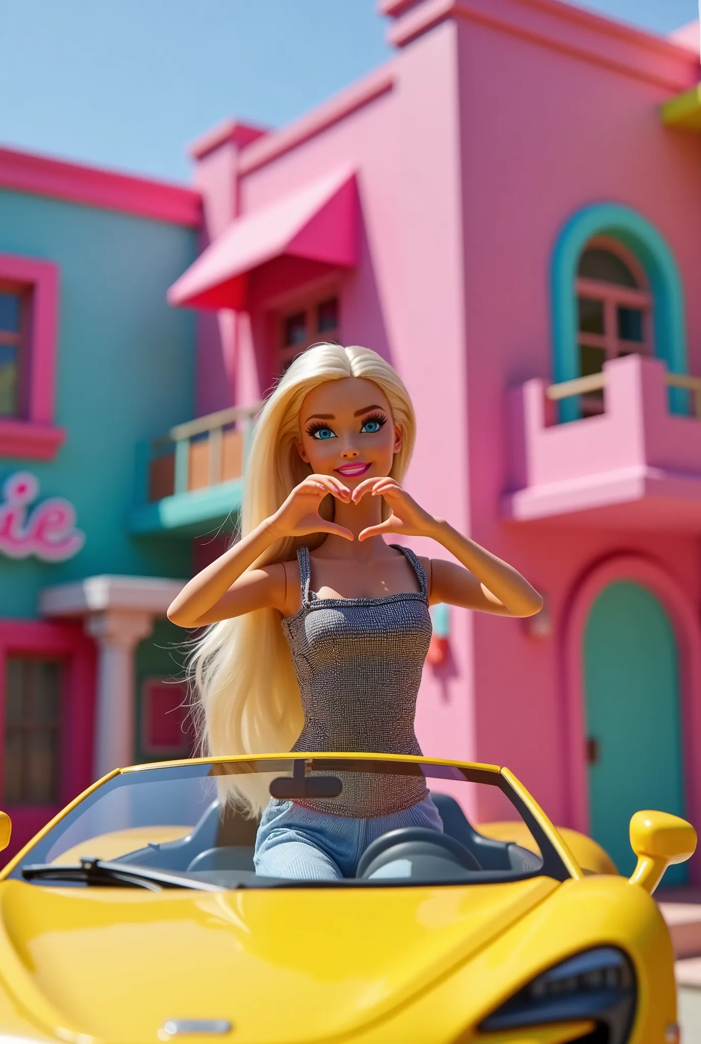 Create a colorful and vibrant scene featuring a Barbie doll sitting on the hood of a sports car, making a heart shape with both hands. The background should showcase the Barbie House in Barbie City, filled with bright and cheerful colors. Capture the playf...