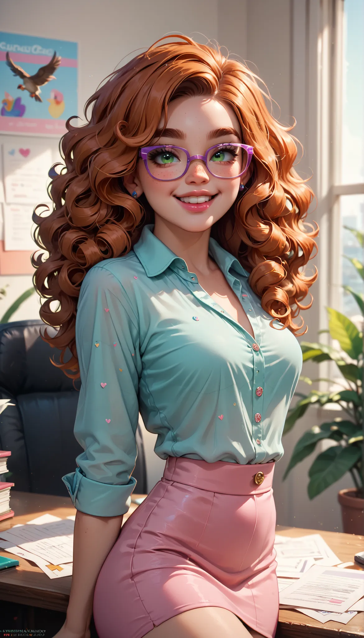 sexy and cute girl, long ginger curly hair, big green eyes, thick eyebrows, purple glasses, pink cute lips, buck teeth, freckles, short rainbow clothes, hottie body, full body, in the office