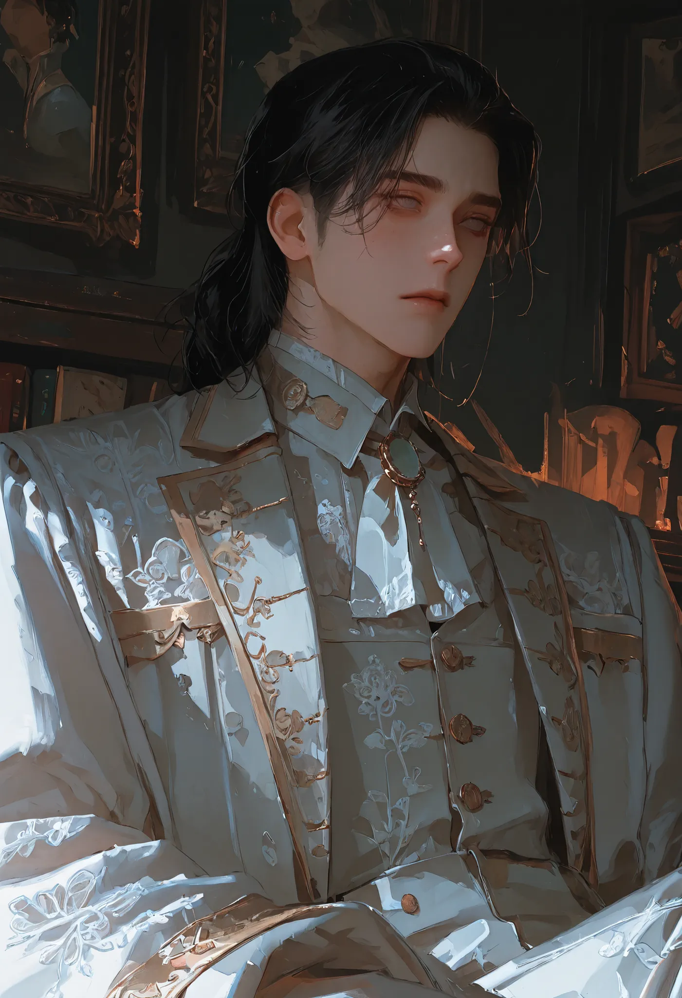 Solo, close-up portrait, male, handsome, a mature aristocratic man, shoulder-length straight black hair, silver eyes, porcelain white skin, symmetrical facial features, chiseled jawline, wearing an ornate Victorian-era nobleman's outfit with intricate embr...