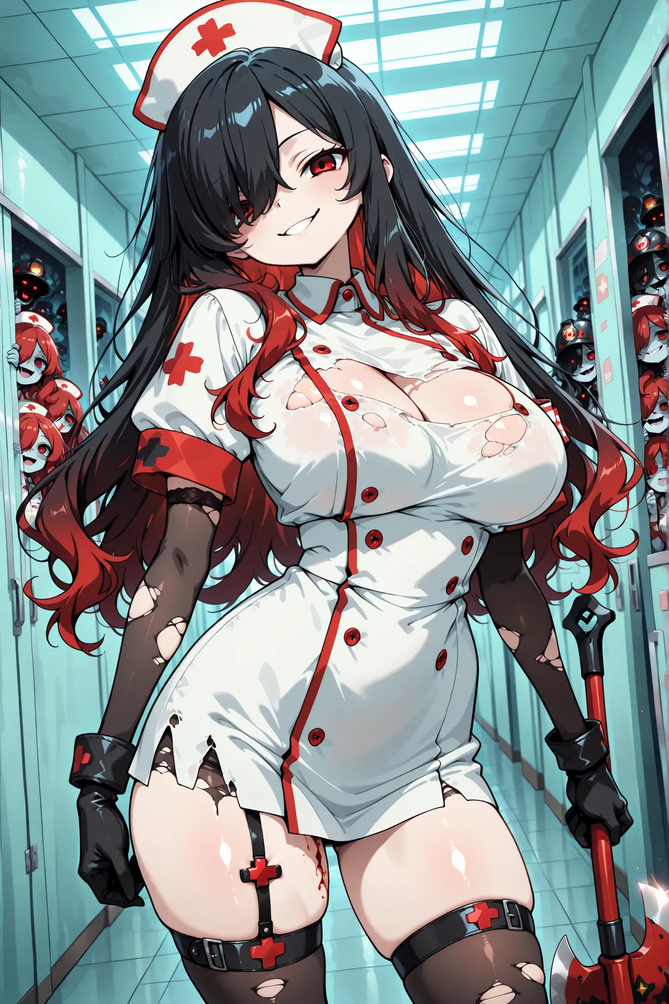 1 girl, Kuroki Monika, red eyes, gradient hair, black hair, red hair, long hair, asymmetrical hairline, hair over right eye, ((large breasts)), (petite but curvy), very cute, lovely , nurse outfit,, miniskirt, cleavages , torn stockings , sleeved gloves, f...
