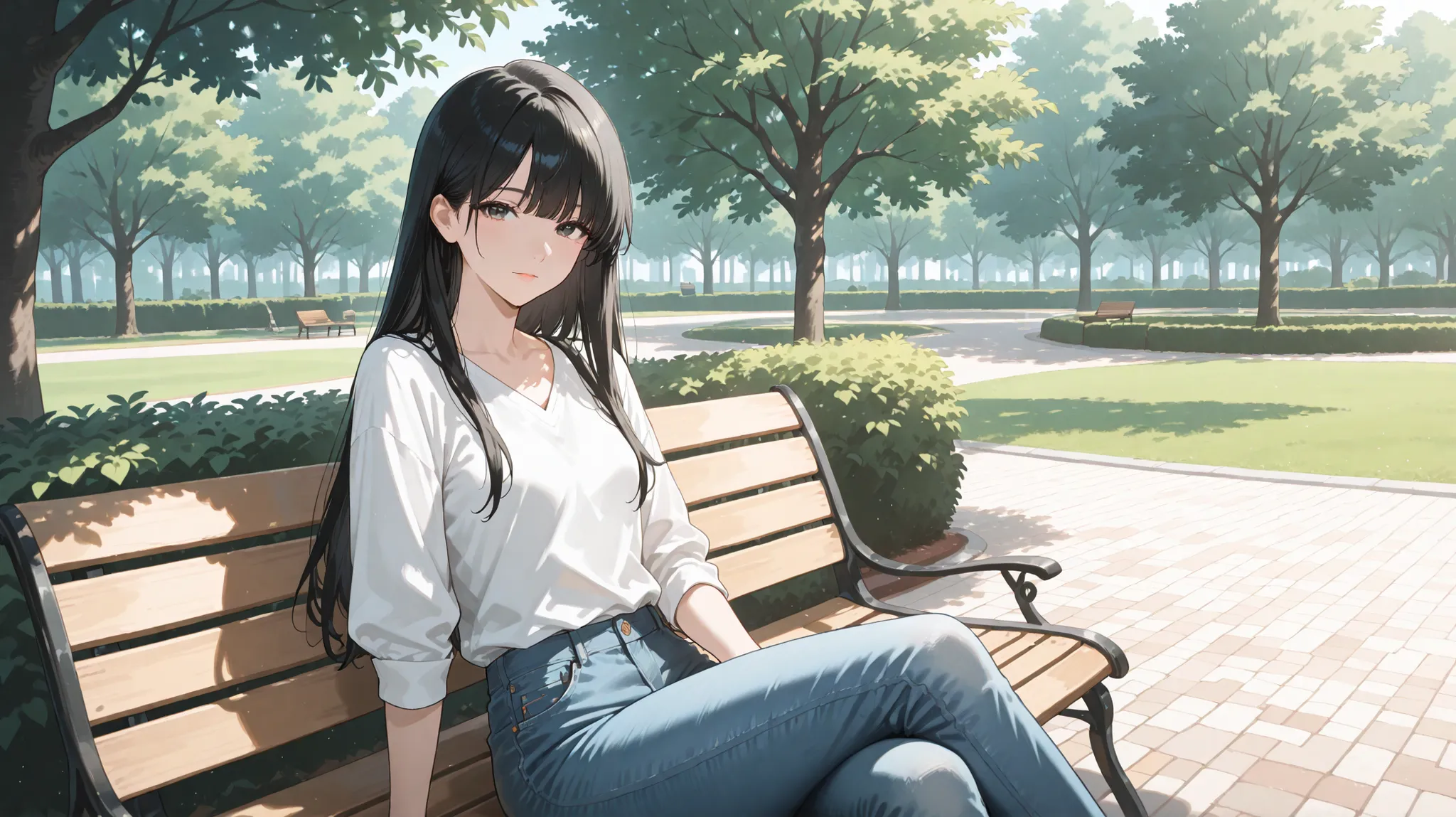 masterpiece,Woman, black straight hair,small breast,shirt, jeans, sitting,park, looking viewer,anime