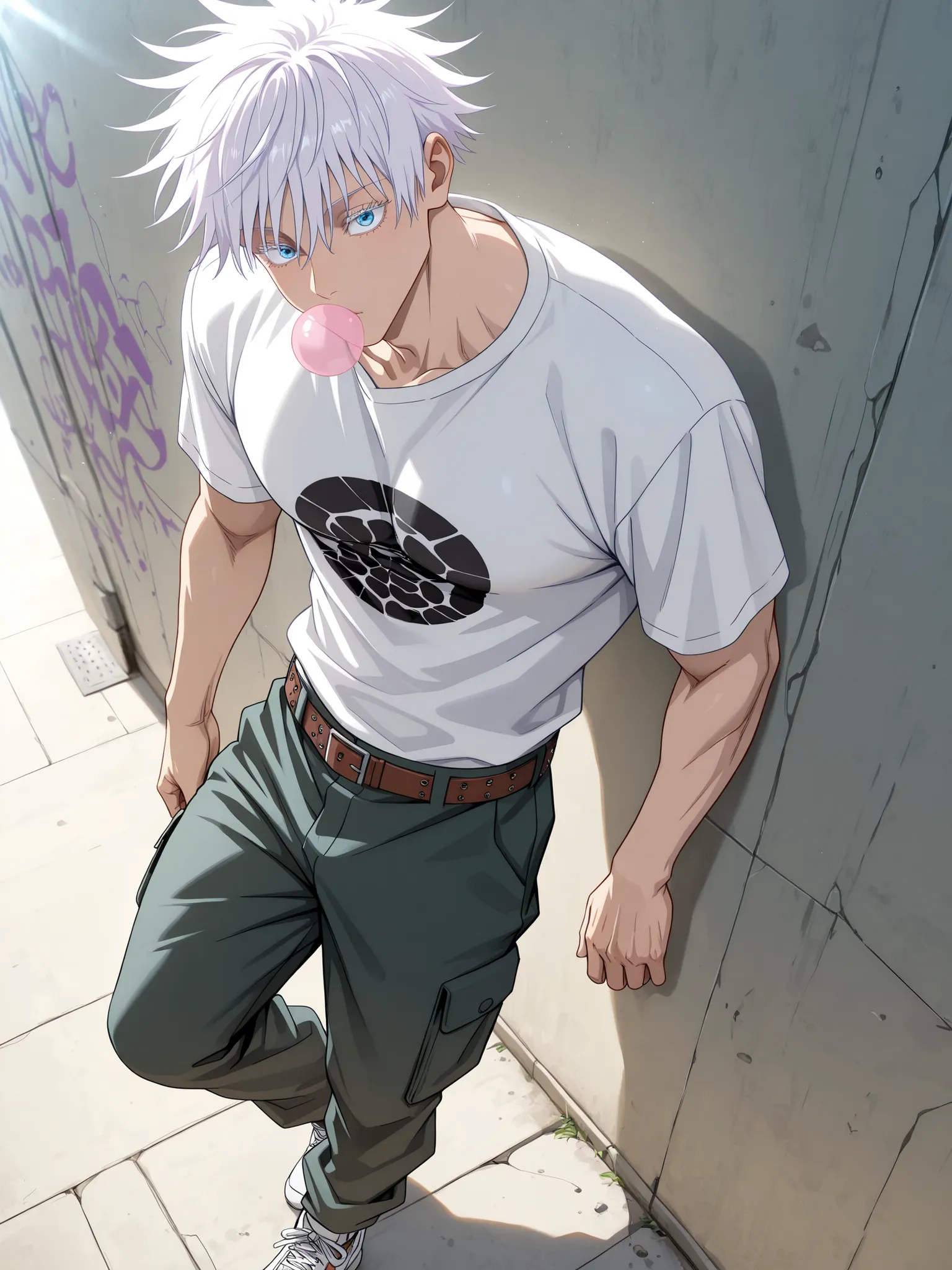 (masterpiece, best quality), amazing quality, very aesthetic, absurdres, highres, newest, HDR, 8K, anime style, cinematic, professional lighting, backlighting, dynamic angle, 1man, adult, male focus, gojou satoru, jujutsu kaisen, white hair, short hair, ((...