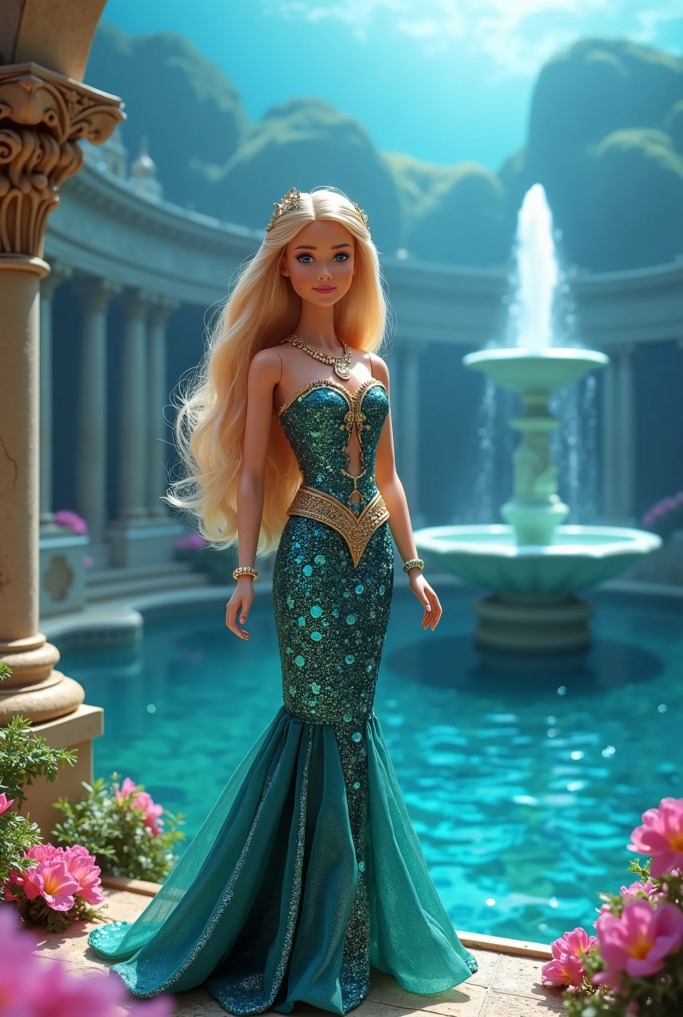 Create a vibrant scene featuring a Barbie doll as a princess of Atlantis, dressed in an ancient Atlantis-inspired costume. The background should depict the majestic palace of Atlantis with a beautiful fountain. Use bright and colorful hues to enhance the e...