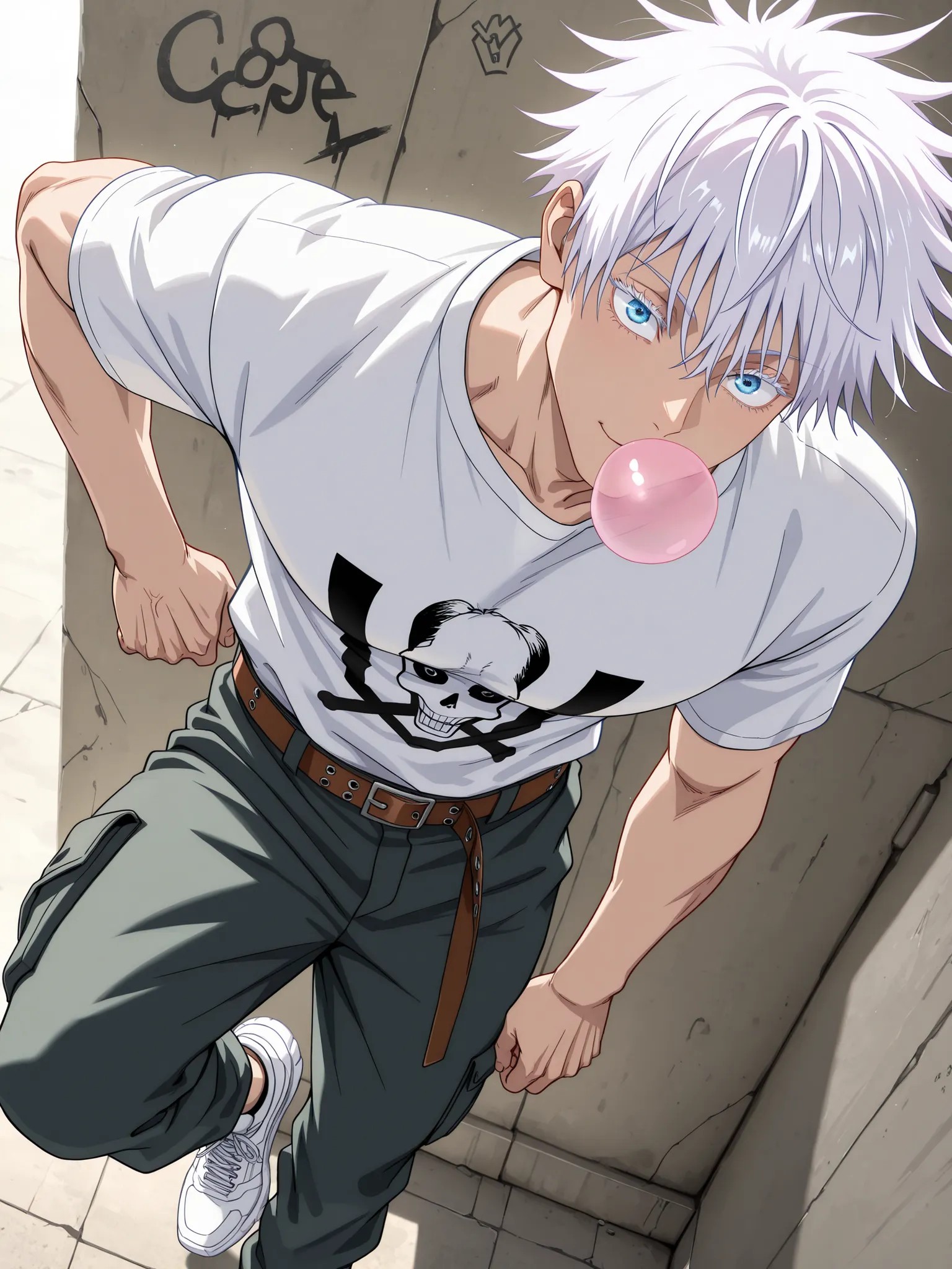 (masterpiece, best quality), amazing quality, very aesthetic, absurdres, highres, newest, HDR, 8K, anime style, cinematic, professional lighting, backlighting, dynamic angle, 1man, adult, male focus, gojou satoru, jujutsu kaisen, white hair, short hair, ((...