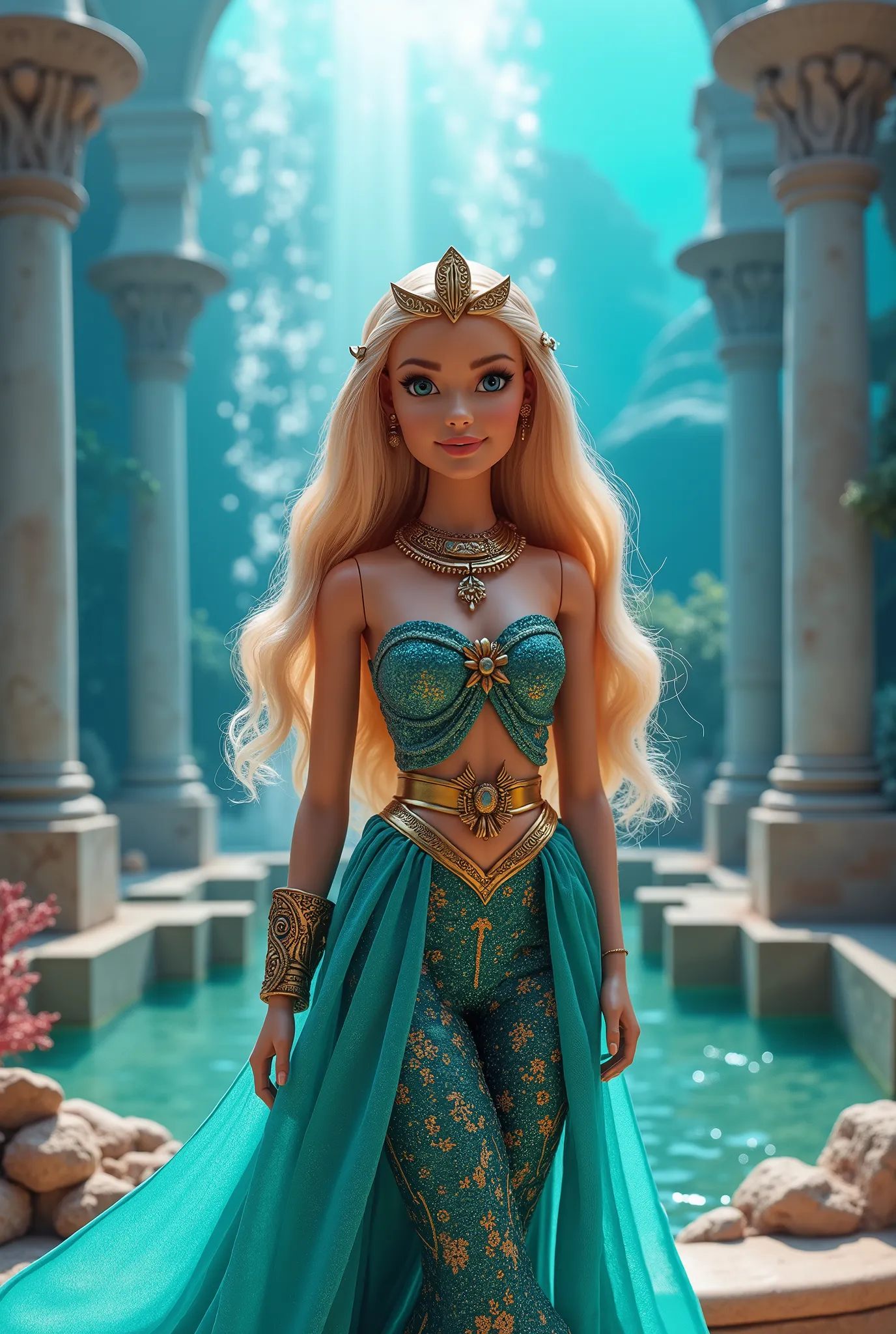 Create a vibrant scene featuring a Barbie doll as a princess of Atlantis, dressed in an ancient Atlantis-inspired costume. The background should depict the majestic palace of Atlantis with a beautiful fountain. Use bright and colorful hues to enhance the e...