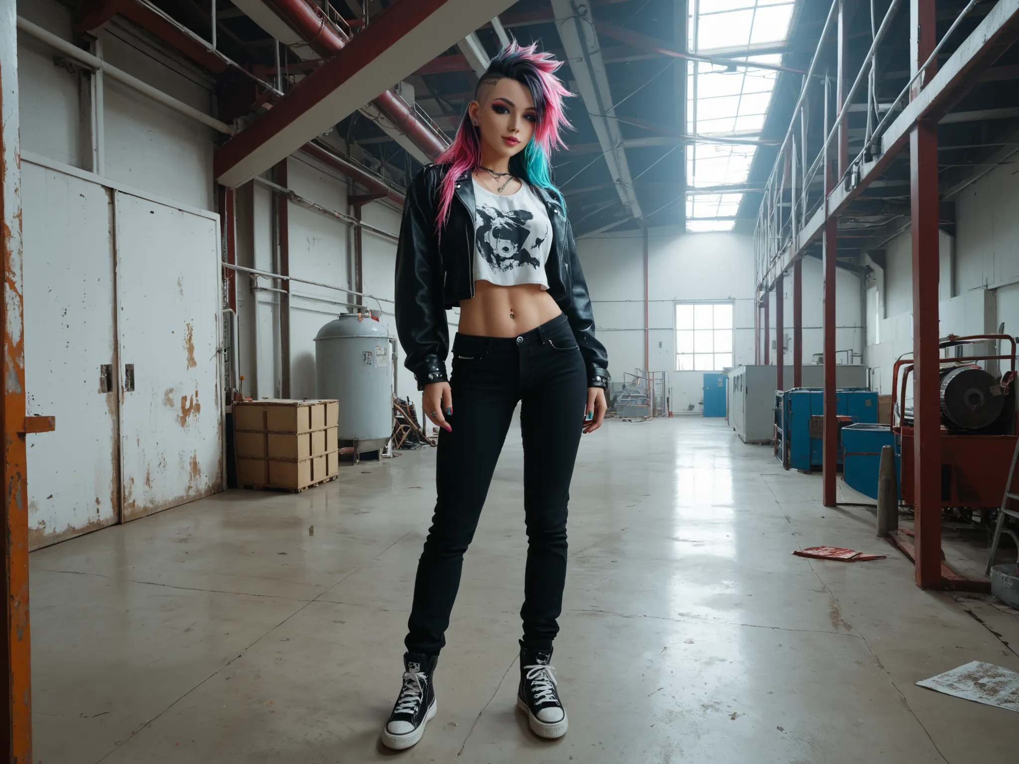 ,mansuji_ningen, she's in an abandoned factory, spread, huge, cartoon, NSFW, cute art,olhos azuis, punk/non-punk style, short/long hair, multi-colored/gradient hair color, girl, solo focus, masterpiece, perfect details, in the background it's an abandoned...