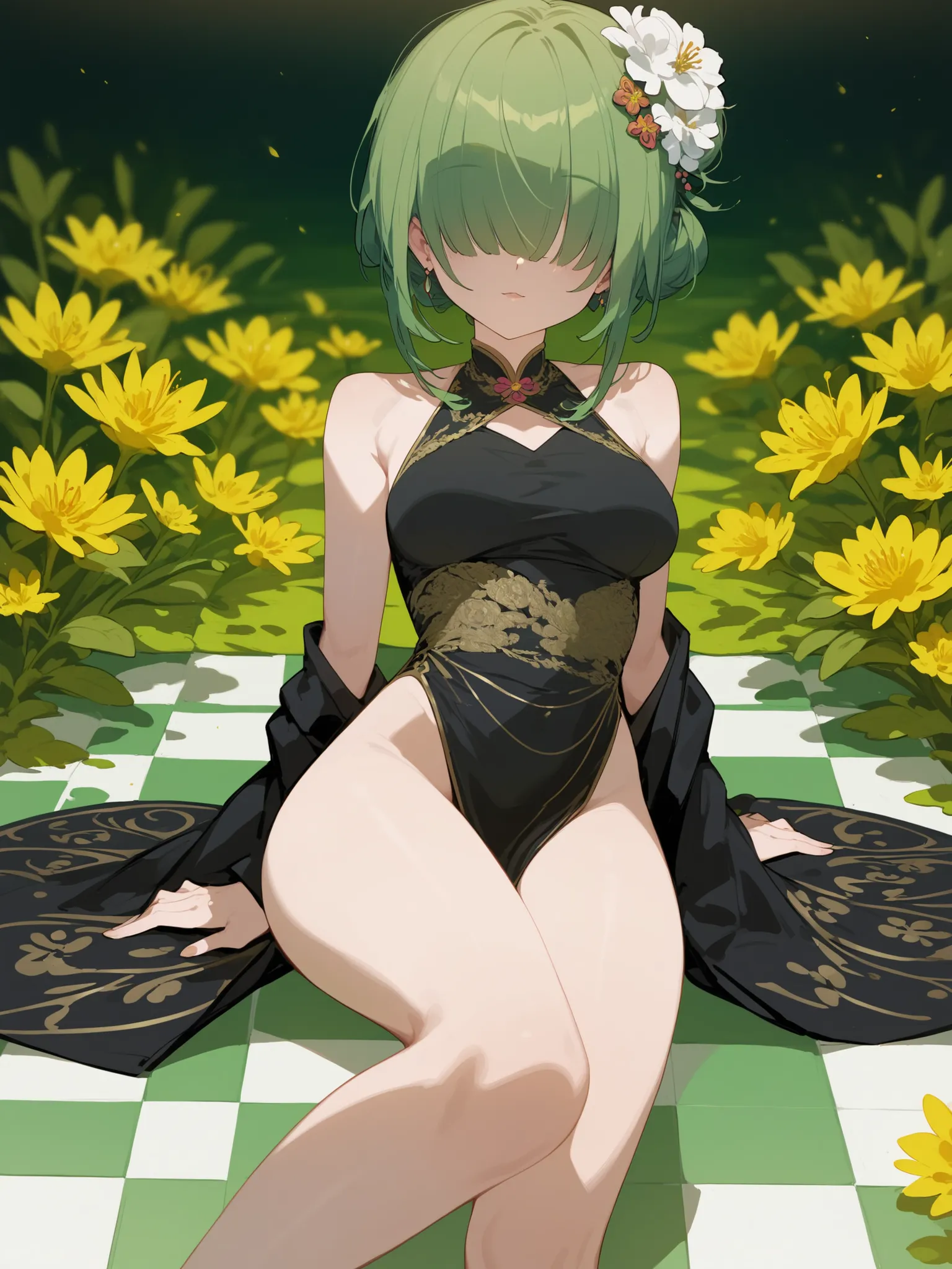 girl,Green Hair,in yellow eyes, Hair over one eyes,girlตั๊กแตน,Slim Sleeveless Black Kimono,Slim legs,Slender arms ,Slender,,Green Striped Floor,Embroidered Flower Pins,short hair,Hair bun,milf,