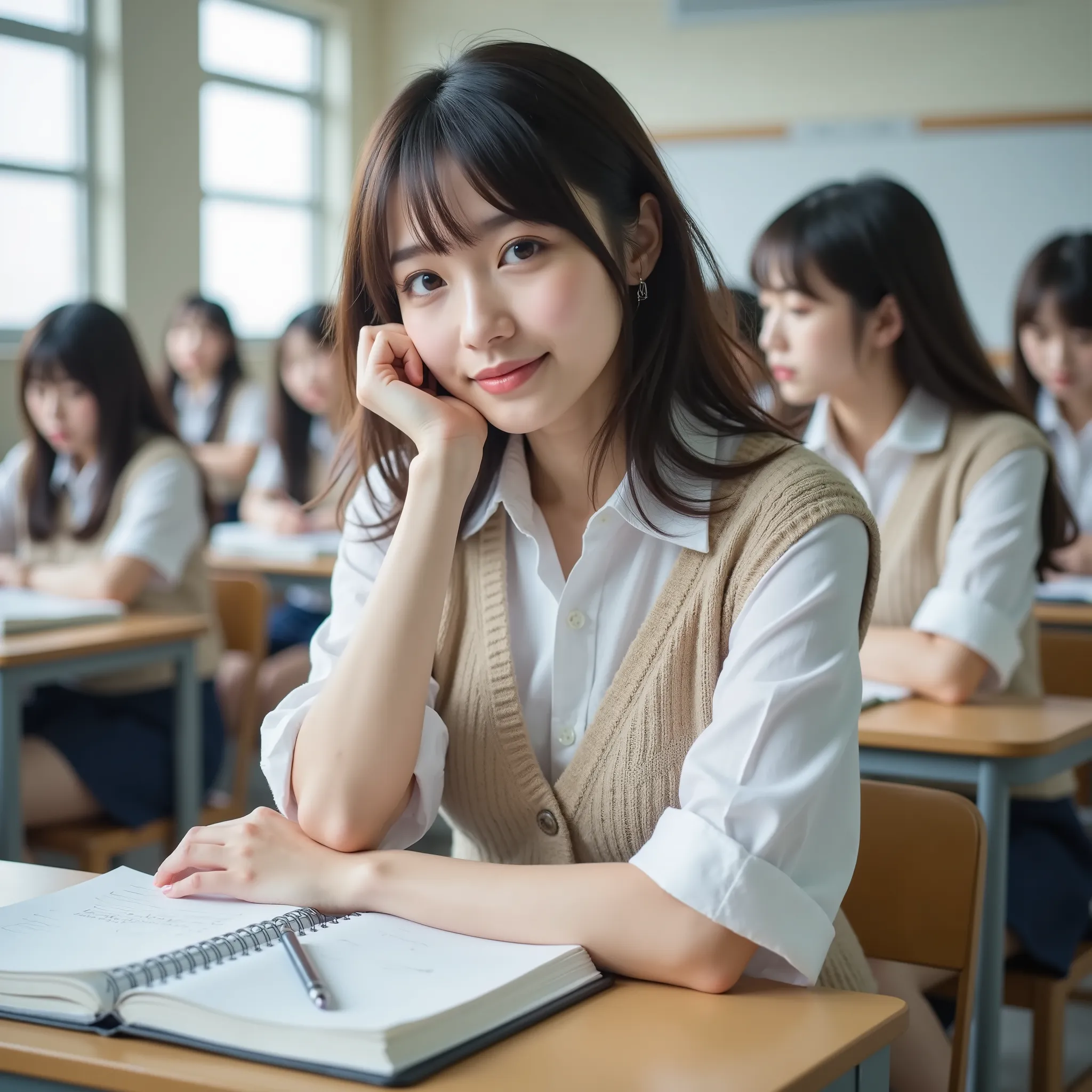 『1 Japanese girl:1.3』『real photo:1.3』Highest Quality:1.2、((big breasts))、with a slight cleavage、((Young woman))、『teeth lol:1.9』、(((anatomically correct、perfect anatomy、anatomically correct指)))、a slender body,realistic, Highest Quality, Ultra High Definitio...