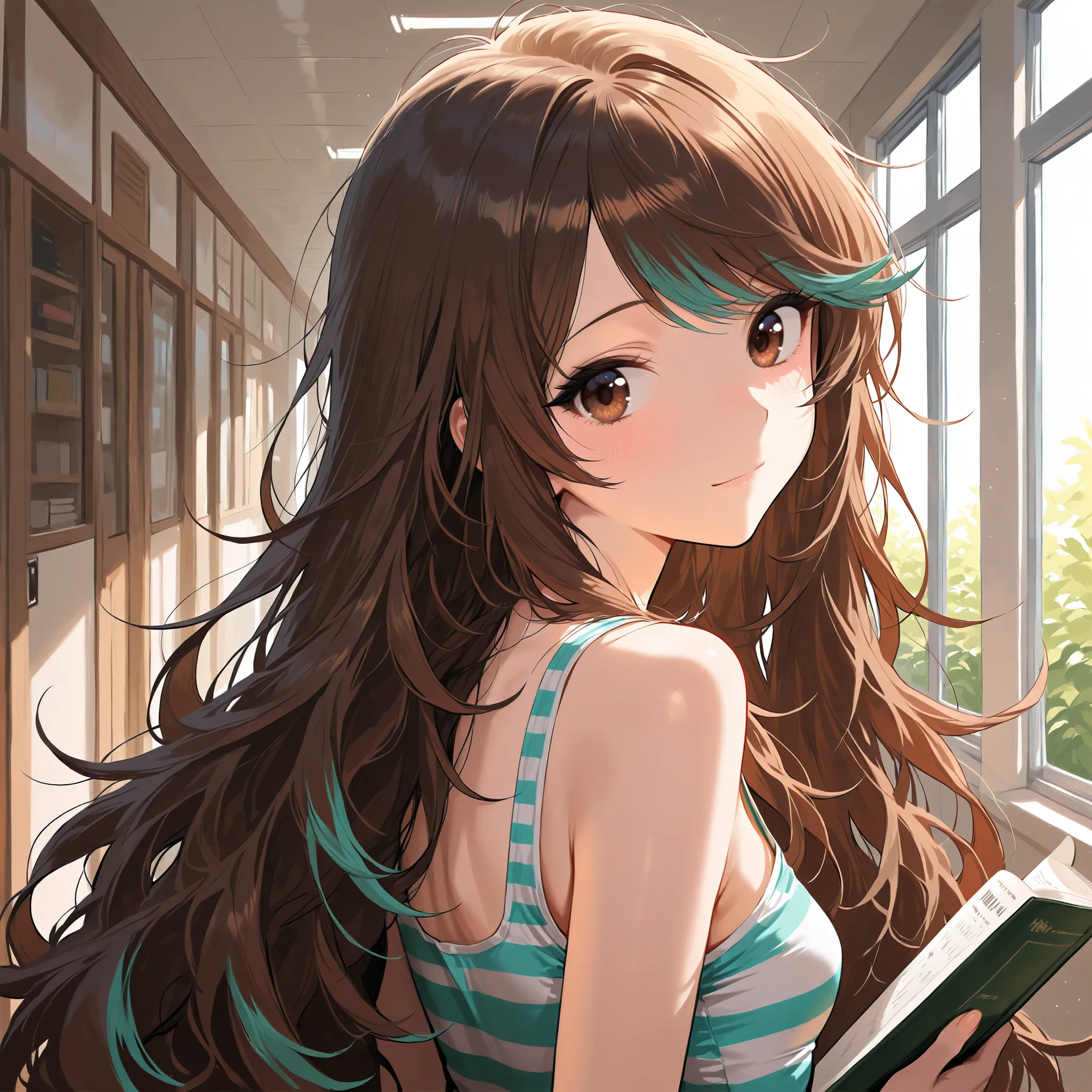 (masterpiece:1.2, Best Quality), (finely detailed beautiful eye: 1.2), (beautiful detailed face), indoors, ,close up, head tilt, solo,, striped tank top, very long hair, brown hair, messy hair, teal highlights, brown eyes, swept bangs, small breasts, jeans...