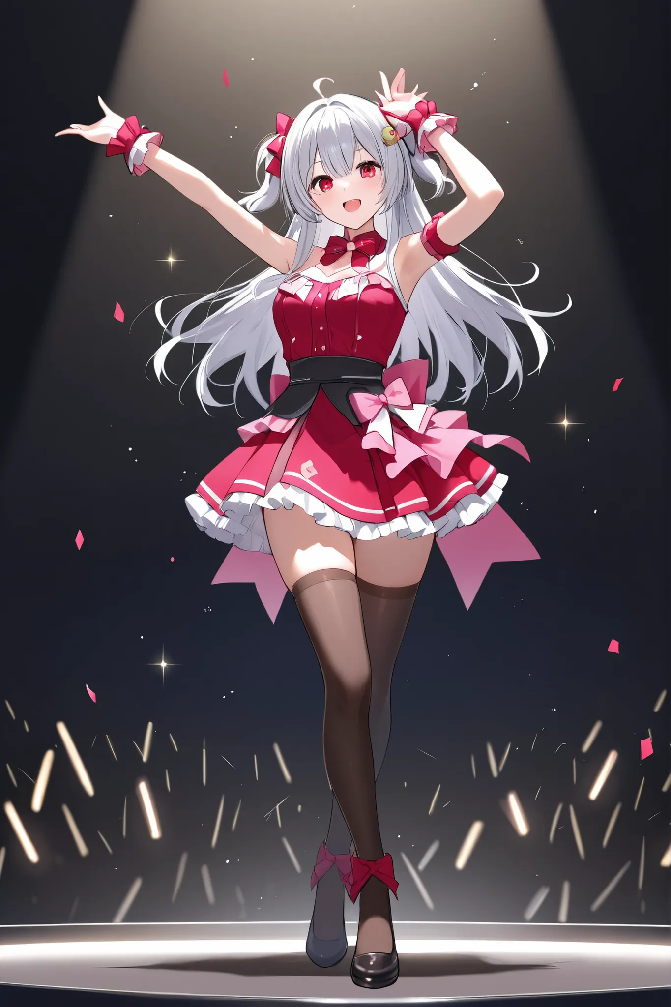 A beautiful idol girl dancing happily on an indoor stage. full body shot