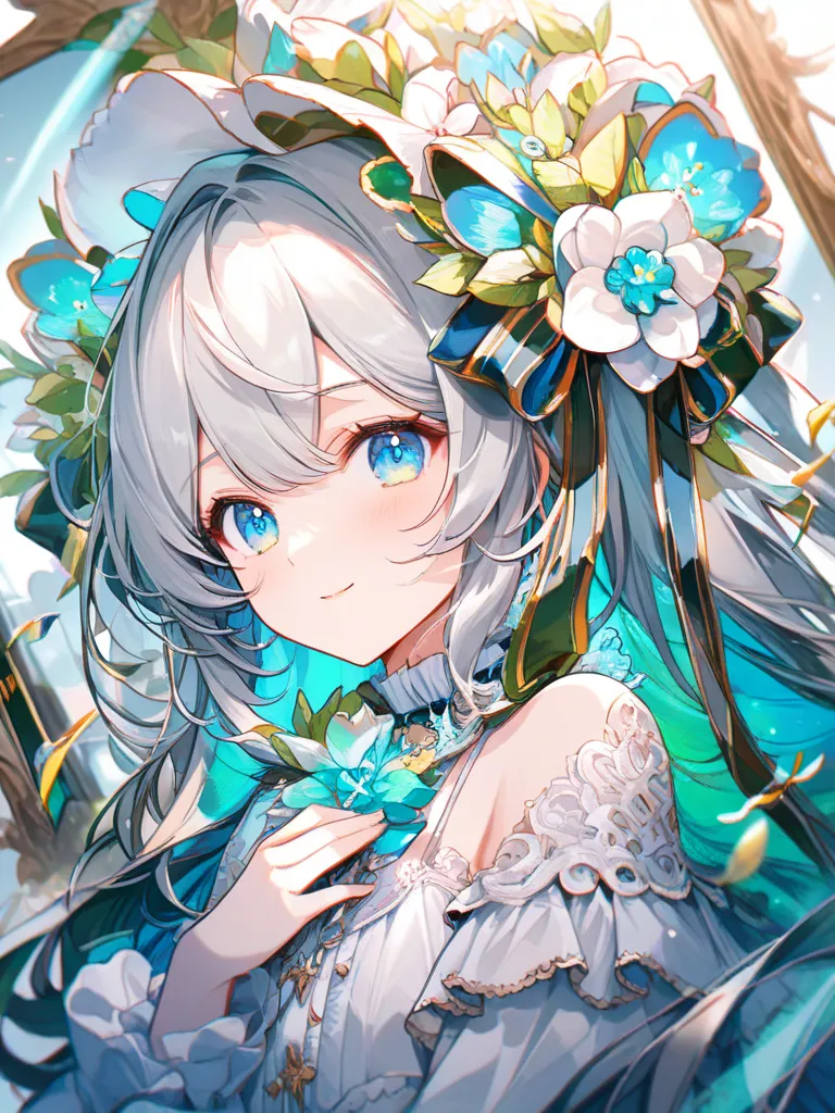 masterpiece,Highest Quality,super details,8k,gradation over a mirror　girl　white ruffle camisole　 long gray hair on human hands　inner color　Blue and green　Perfume bottle　flower　ribbon