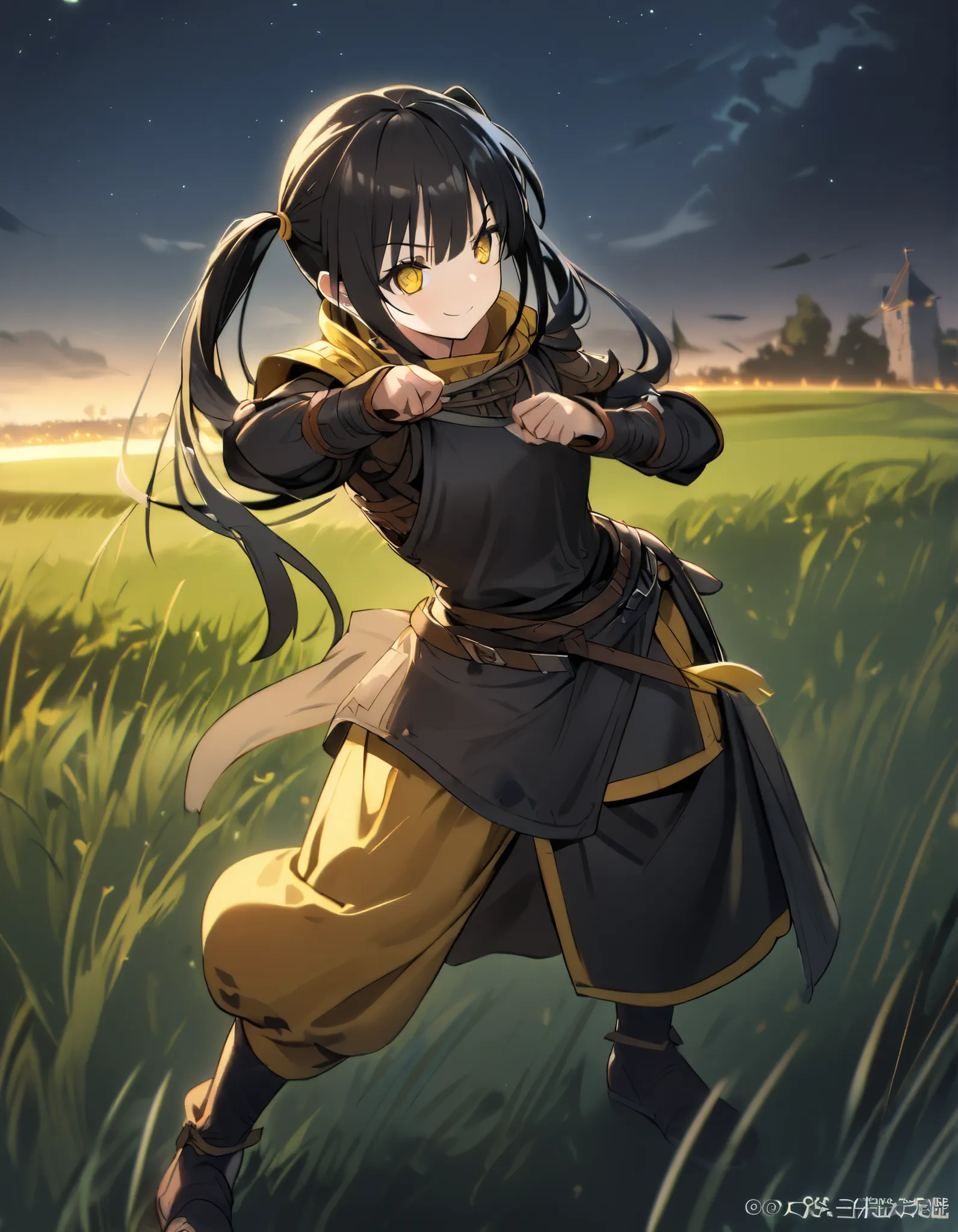 1girl, black adventurer clothes with yellow details, yellow eyes, clock eyes, black hair, pigtails, combat pose, kurumi face, smile, full body, medieval, at night, grasslands, at night, yellow details in the clothes, detailed hands