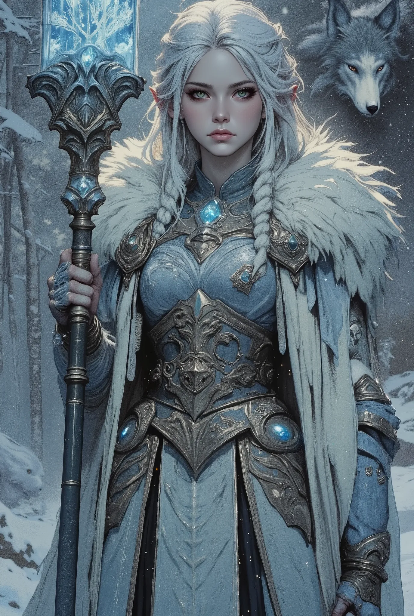 A female warrior of ice and vengeance, the Frostbound Valkyrie emerges from the frozen tundras clad in glistening armor forged from enchanted permafrost. Her braided silver hair carries the chill of eternal winter, and her breath fogs the air with each exh...