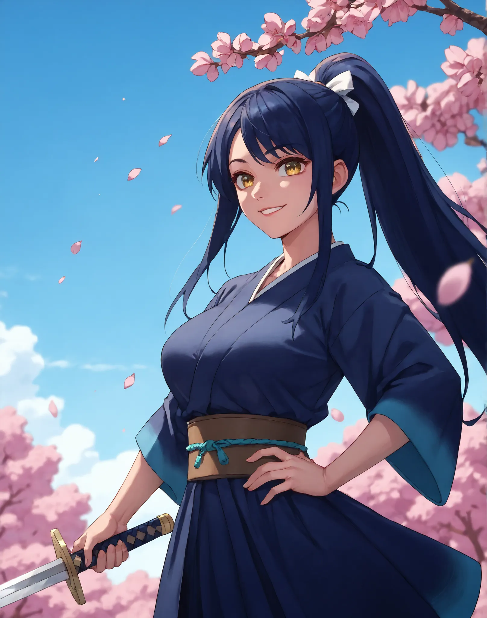 young and beautiful Japanese woman、long hair、cherry blossom、  blue kimono、dark dark blue hair、Split the fings horizontally、Look,Big Breasts,golden eyes,charming smile, ponytail、(Silver Blade)、White barrette、blue sky、holding sword with right hand、A sword wi...