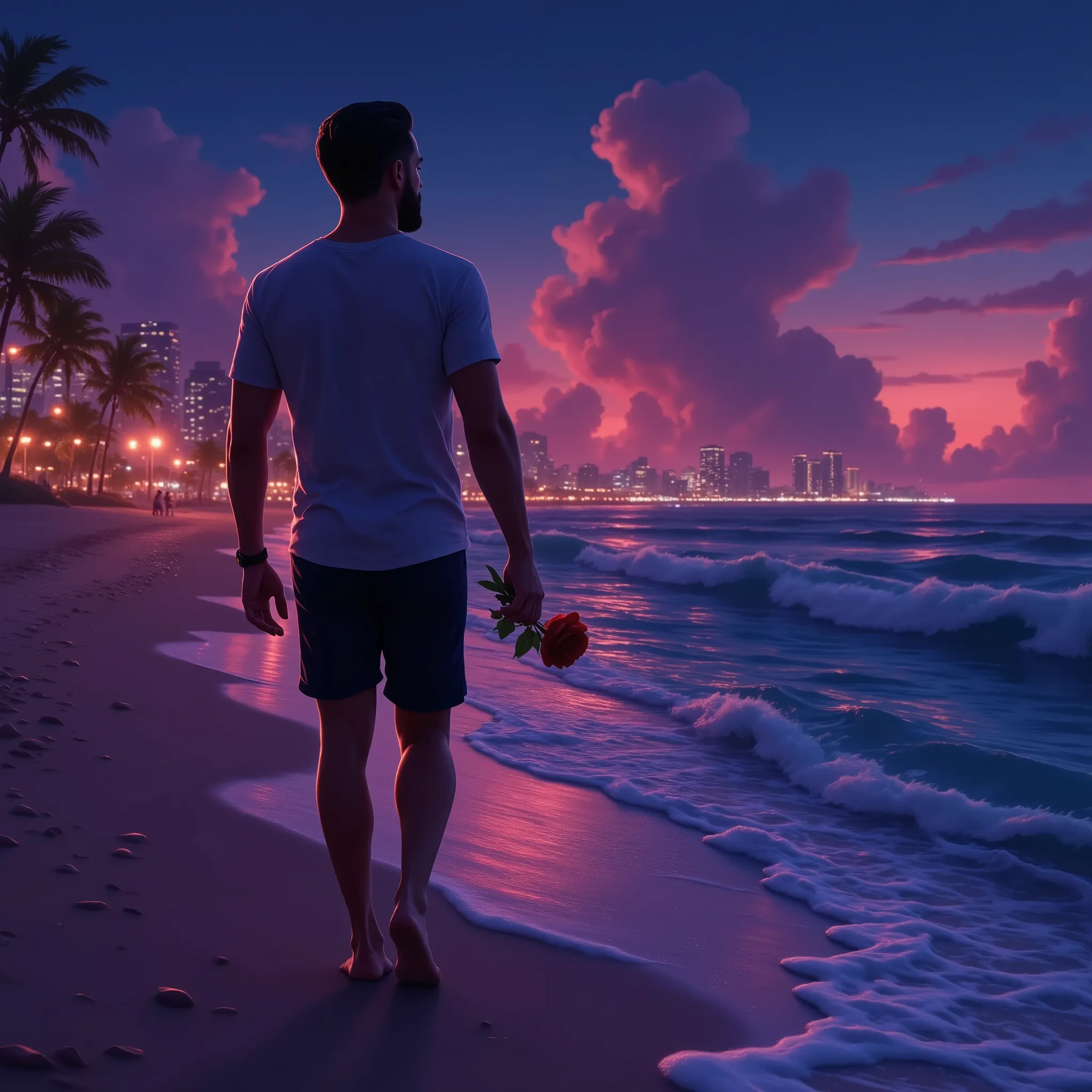 hispanic man with mid length slicked back hair on top, very short beard, looking for his love walking down the beach rose in hand, very realistic, miami florida at night, cartoon animation style, full body, far in the distance silhouette style, beautiful s...
