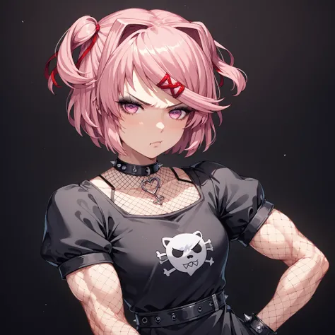 Natsuki from doki doki literature club, pink hair, short hair, goth, tomboy, goth style, female tomboy muscles, anime, masterpiece, cute pink eyes, pout, goth attire, goth clothes, goth dress, black dress, fishnet
