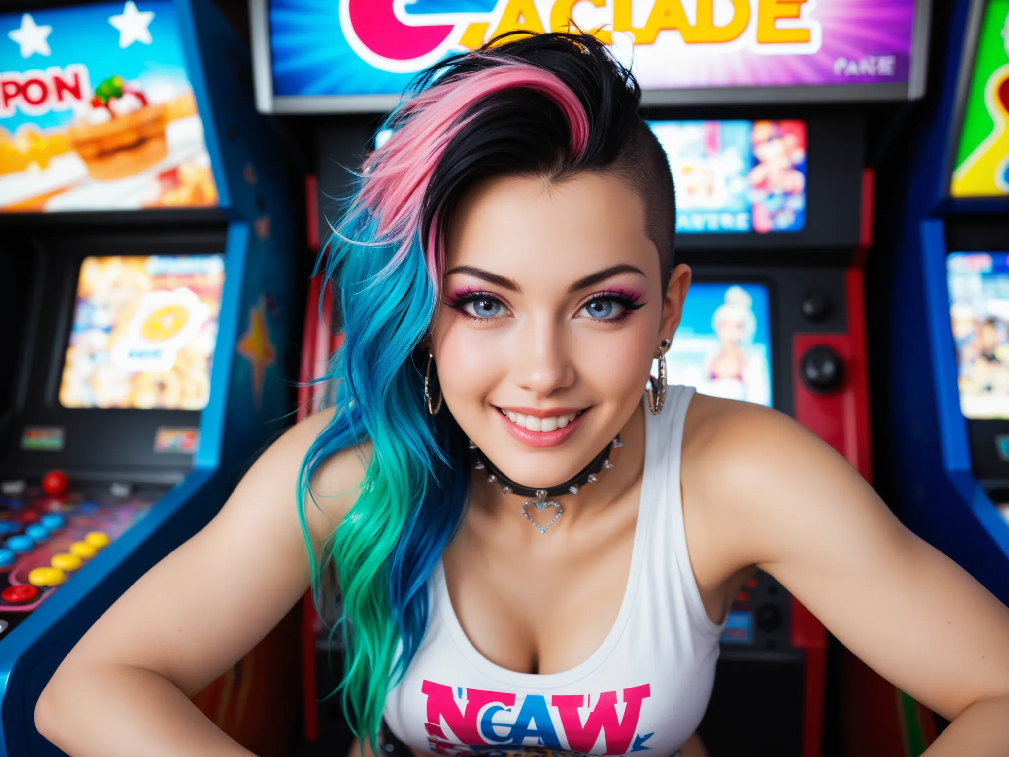 ,mansuji_ningen, She's at an arcade, spread, huge, cartoon, NSFW, cute art,olhos azuis, punk/non-punk style, short/long hair, multi-colored/gradient hair color, girl, solo focus, masterpiece, perfect details, The background is an arcade