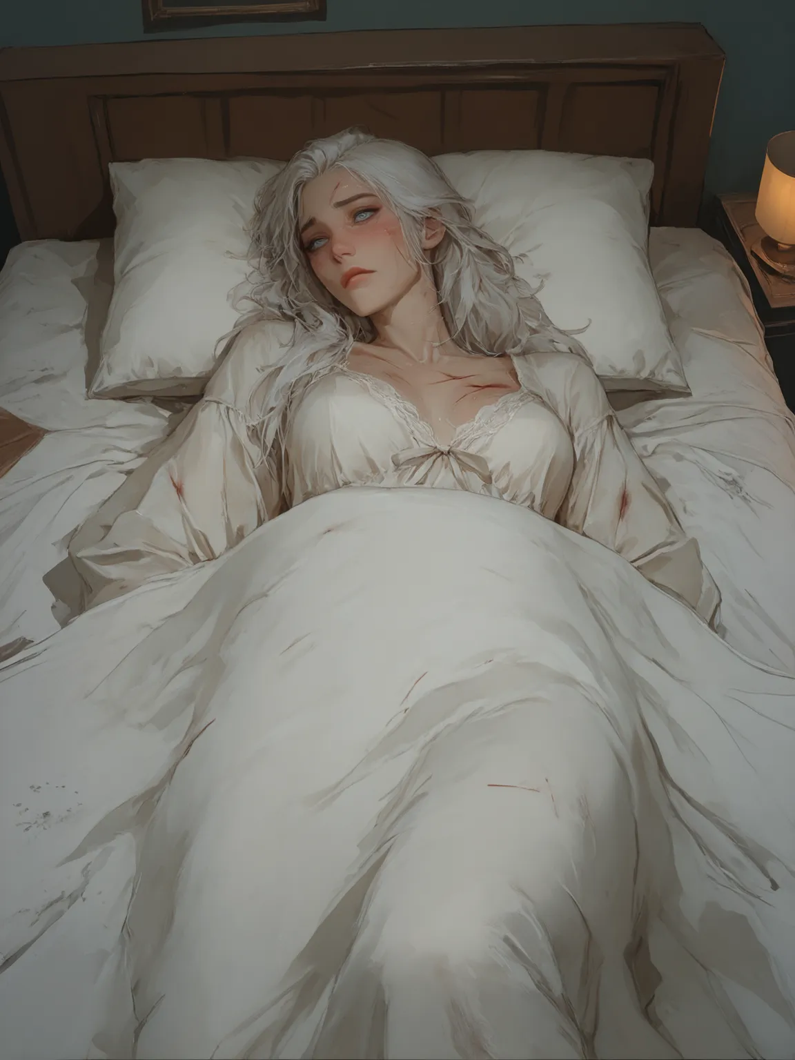 {{masterpiece}}, {{high detail}}, one woman, solo, alone. 25 years old, wounded body, bruises, abrasions and scratches all over the body, Snow-white hair, long, flowing, washed and well-groomed, blue eyes, noble femine and aggressive. Perfect body. Dressed...