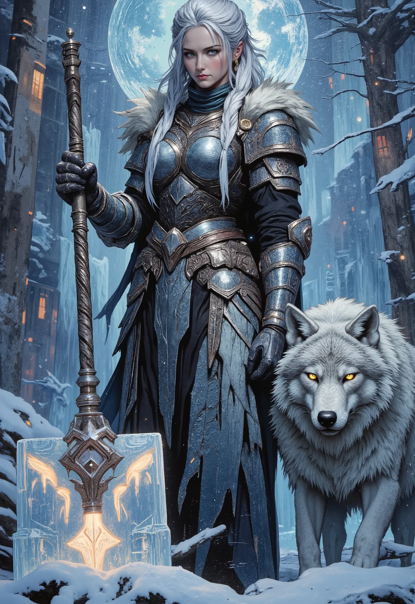 A female warrior of ice and vengeance, the Frostbound Valkyrie emerges from the frozen tundras clad in glistening armor forged from enchanted permafrost. Her braided silver hair carries the chill of eternal winter, and her breath fogs the air with each exh...