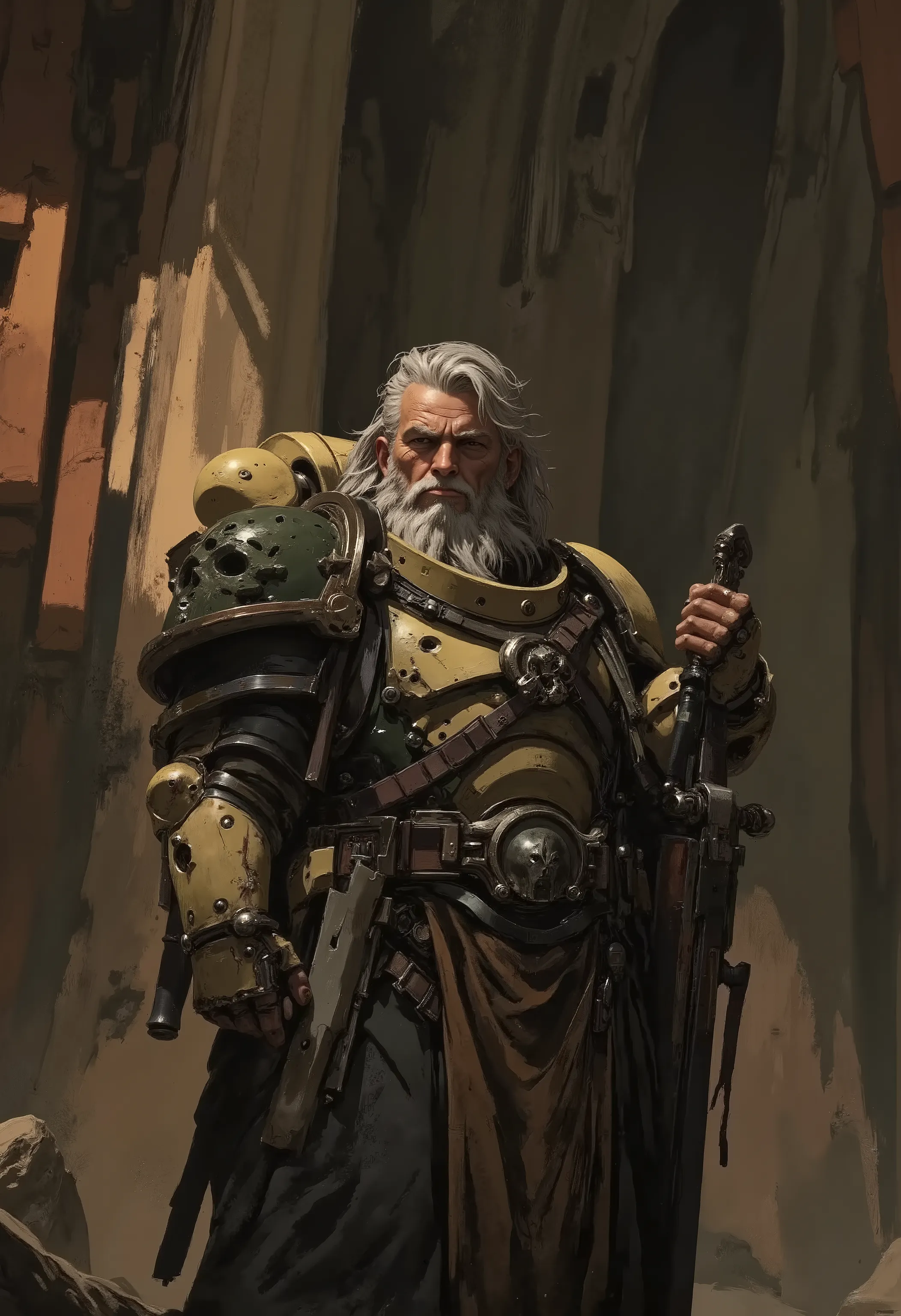    A highly detailed and realistic fantasy character in a dramatic frame. An epic cinematic image of a very old paladin in full ImperialF40k armor. He has a beard and his hair is turning gray. Stylized, highly detailed digital art inspired by the works of ...