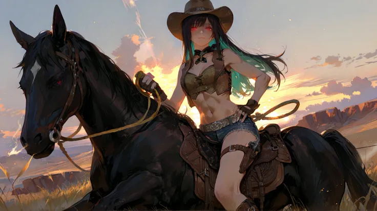 masterpiece, ultra-detailed, full body, realistic lighting, 8K, cinematic composition, wind-blown effect,
Haruka, tall and sexy female cowgirl, height 173 cm, red eyes, confident and calm expression, D-cup bust, fit and toned body,
black hair , turquoise...