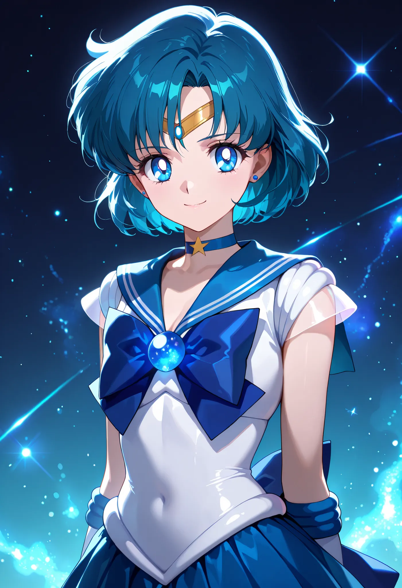 masterpiece, amazing quality, best quality, ultra-detailed, 8K, illustration, clear skin, ultra-detailed-eyes, soft skin, very awa, very as2, soft body, 1990's style, official art, ami mizuno, blue eyes, blue hair, short hair, parted bangs,back bow, blue b...