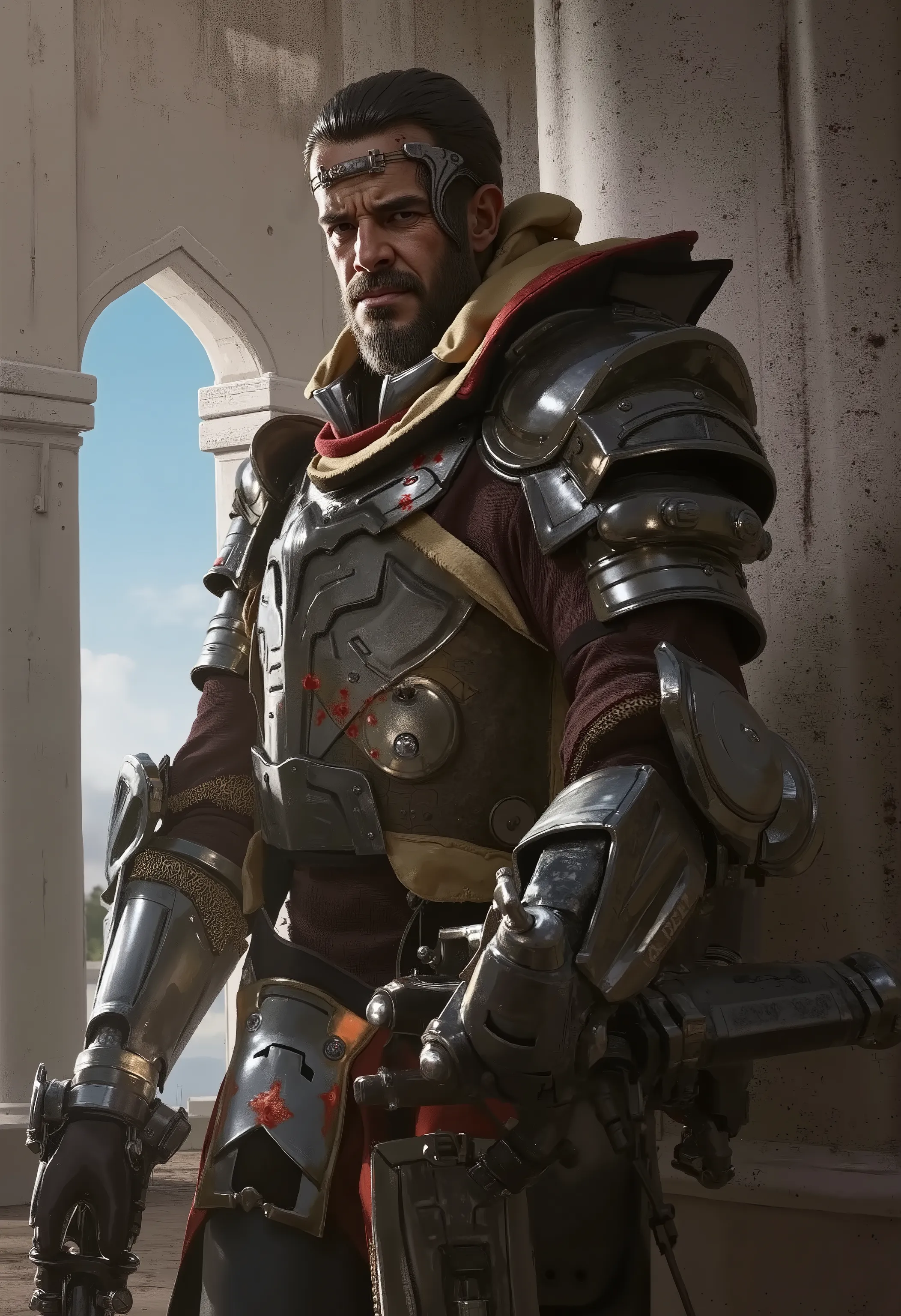    A highly detailed and realistic fantasy character in a dramatic frame. An epic cinematic image of paladin in full ImperialF40k armor. He has a beard and his hair is turning gray. Stylized, highly detailed digital art inspired by the works of Vadim Kashi...