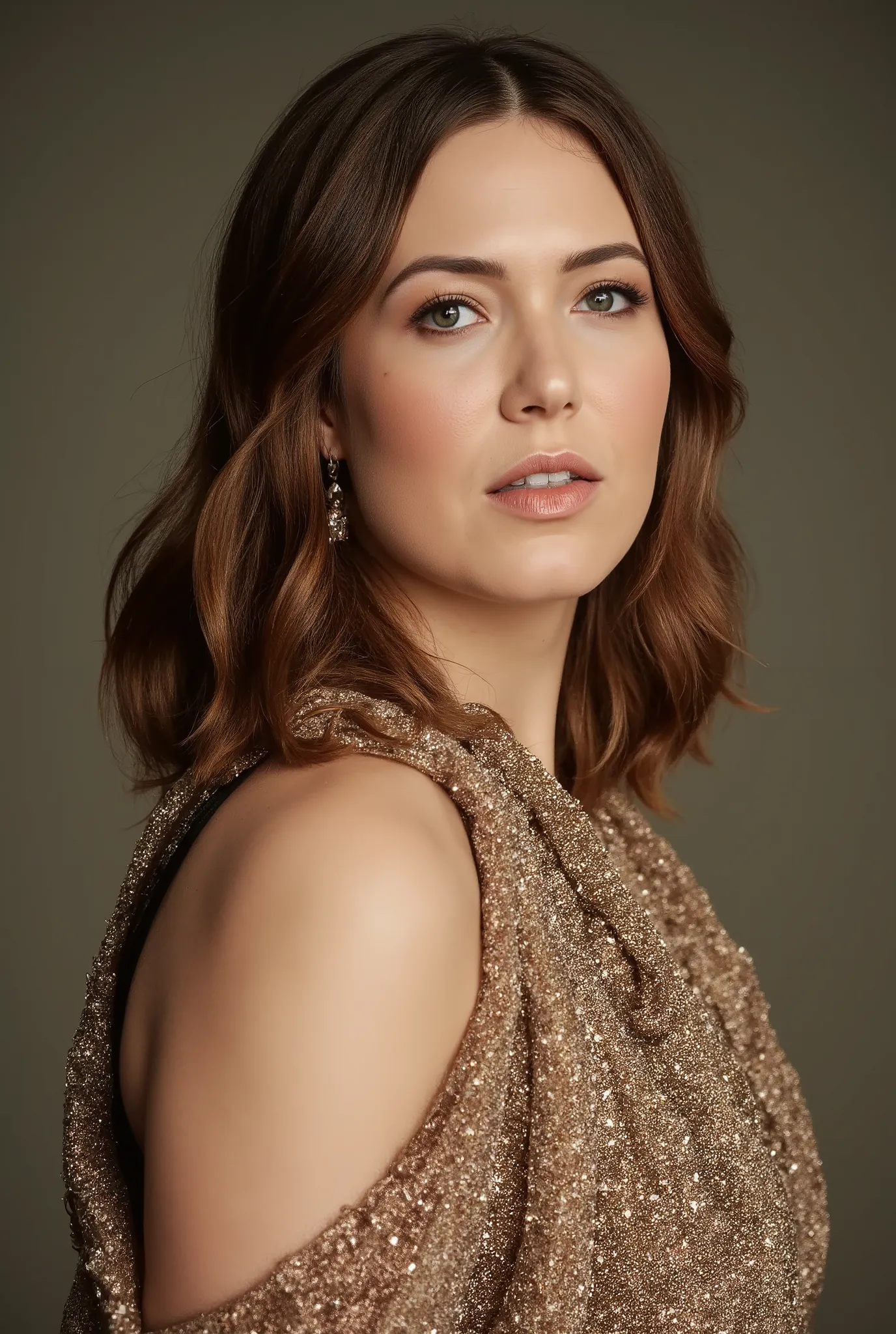 best quality, highres, 8k, masterpiece, photography, detailed midbody photorealistic portrait. Mandy Moore, in a bed famed with silvery luxurious satin covers, dazzle green shimmering champagne belts lazily trail down the sensual skin, with sparkling rings...