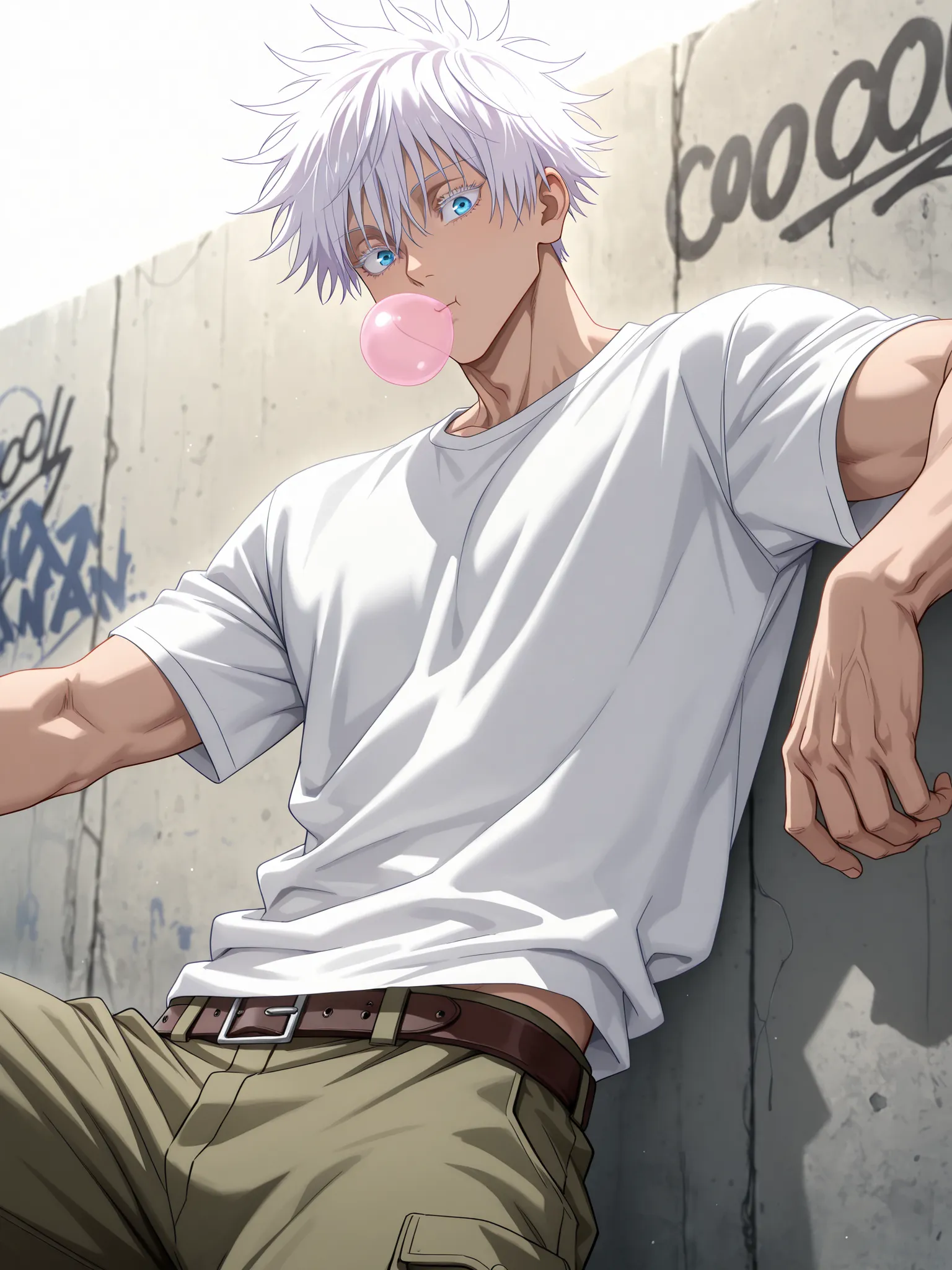 (masterpiece, best quality), amazing quality, very aesthetic, absurdres, highres, newest, HDR, 8K, anime style, cinematic, professional lighting, backlighting, dynamic angle, 1man, adult, male focus, gojou satoru, jujutsu kaisen, white hair, short hair, ((...