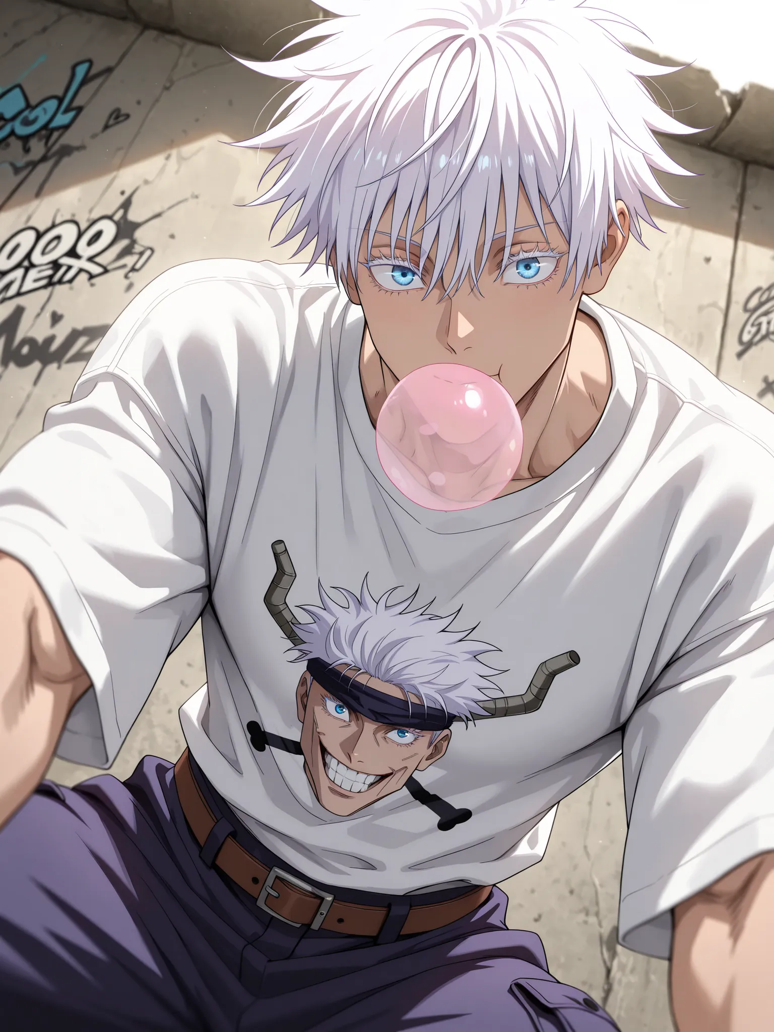(masterpiece, best quality), amazing quality, very aesthetic, absurdres, highres, newest, HDR, 8K, anime style, cinematic, professional lighting, backlighting, dynamic angle, 1man, adult, male focus, gojou satoru, jujutsu kaisen, white hair, short hair, ((...