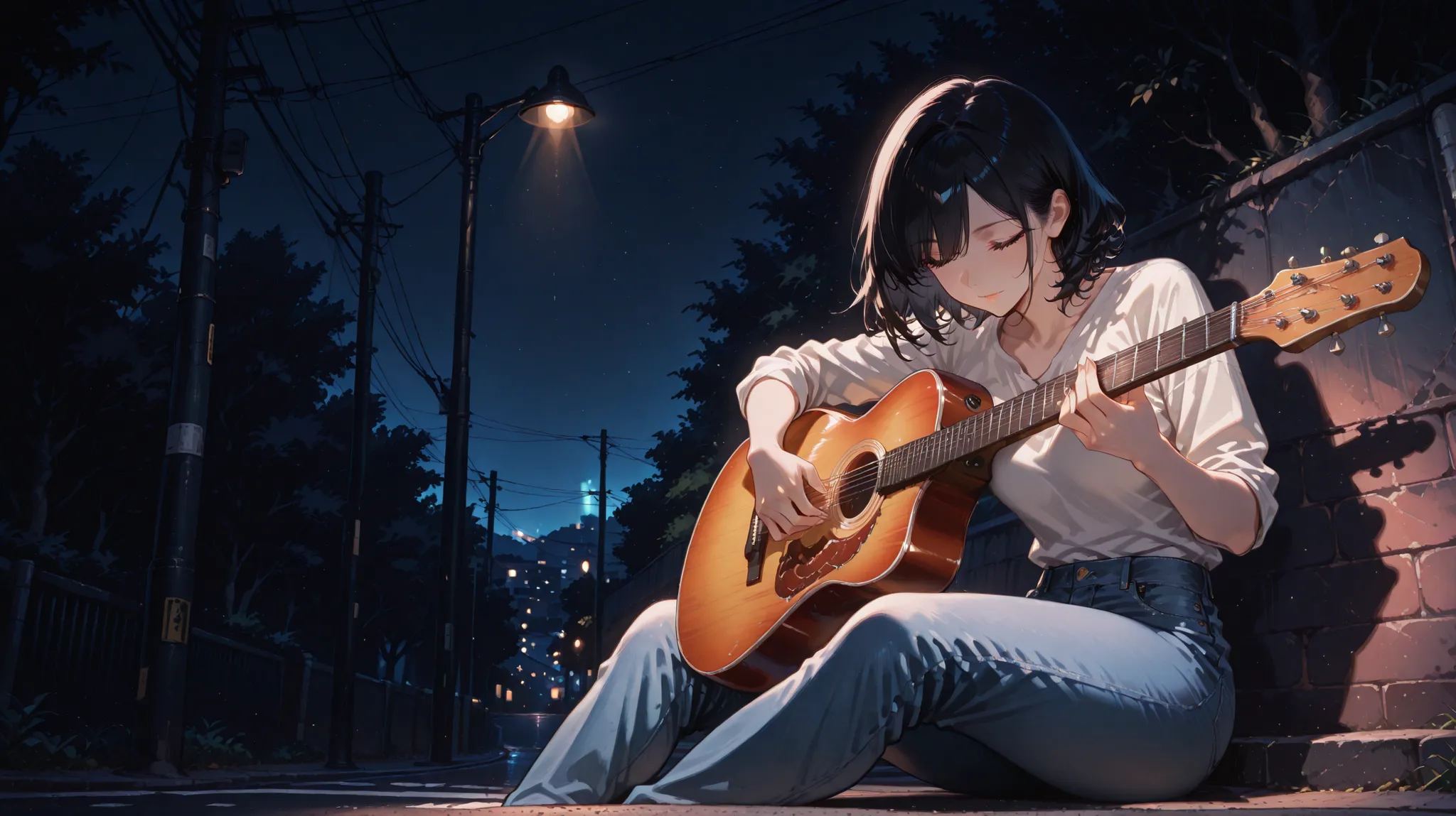 masterpiece,Woman, black  hair,small breast,shirt, jeans, sitting,playing guitar,night, Street lamp light,,anime,高精細