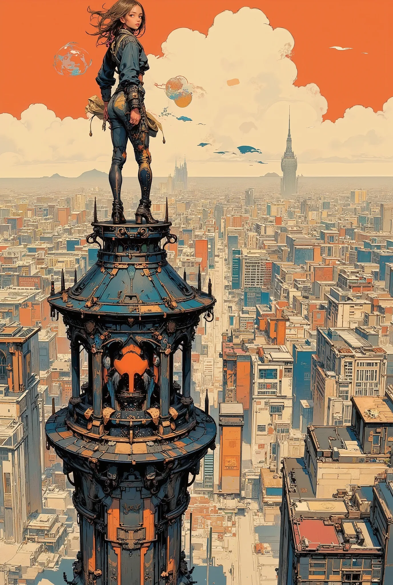 A woman blowing soap bubbles on top of a tower overlooking the city, pixel art scene, the woman is unknown, CMYK palette, lo-fi girl, amazing pixel art, pixel animation-style cityscape, a full pixel art scene, pixel animation still image anime color paper,...