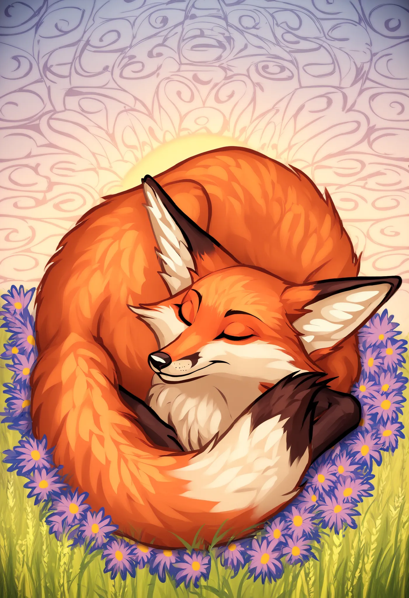 ((fox sleeping)), cuddling, feral, (by seyorrol), (tail), ((intricate detailed background, field background)) realistic shading, (epic, masterpiece, high quality, 8k, ultra HD, absurd res, top quality, best quality, max quality, masterpiece), (correct anat...
