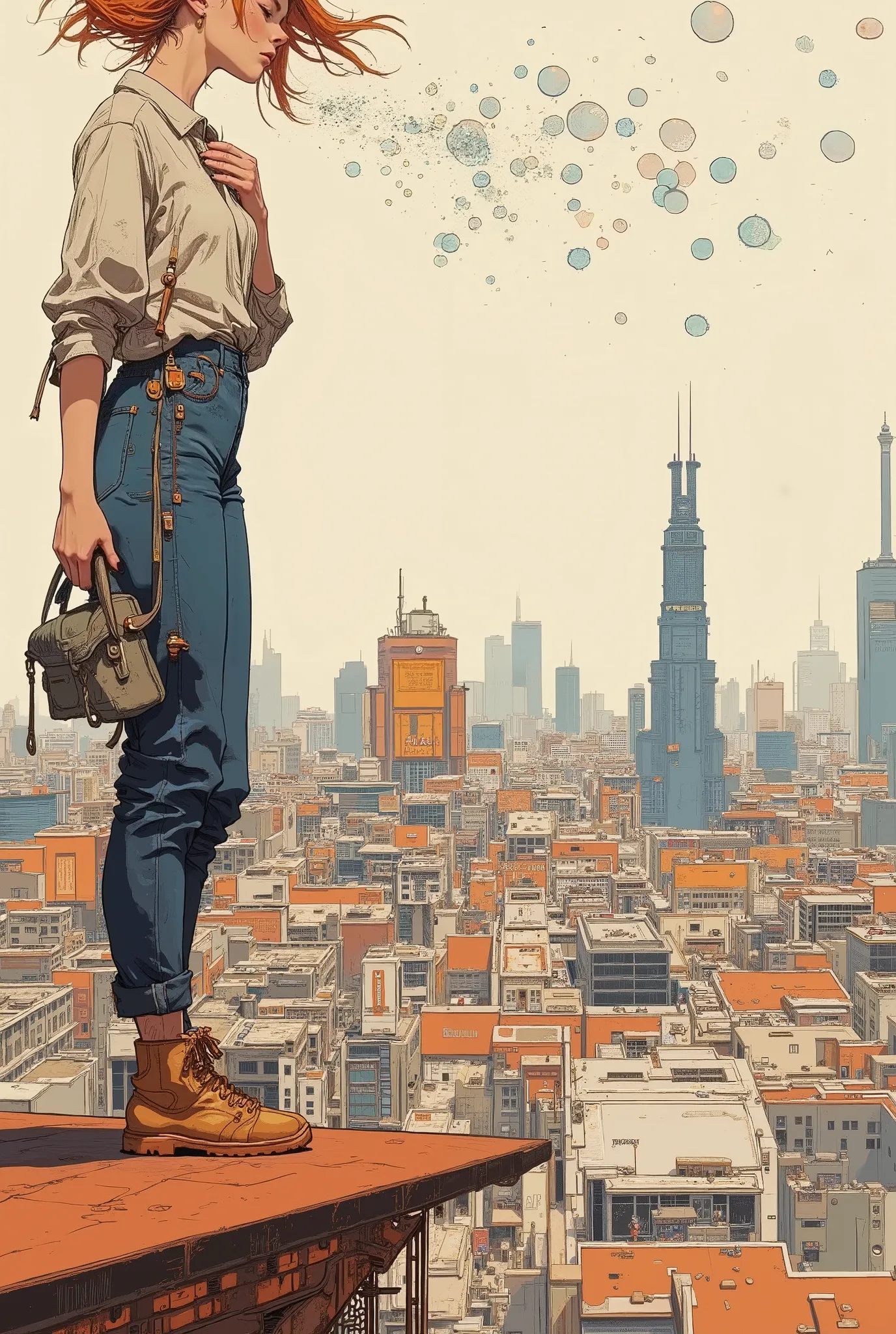 A woman blowing soap bubbles on top of a tower overlooking the city, pixel art scene, the woman is unknown, CMYK palette, lo-fi girl, amazing pixel art, pixel animation-style cityscape, a full pixel art scene, pixel animation still image anime color paper,...