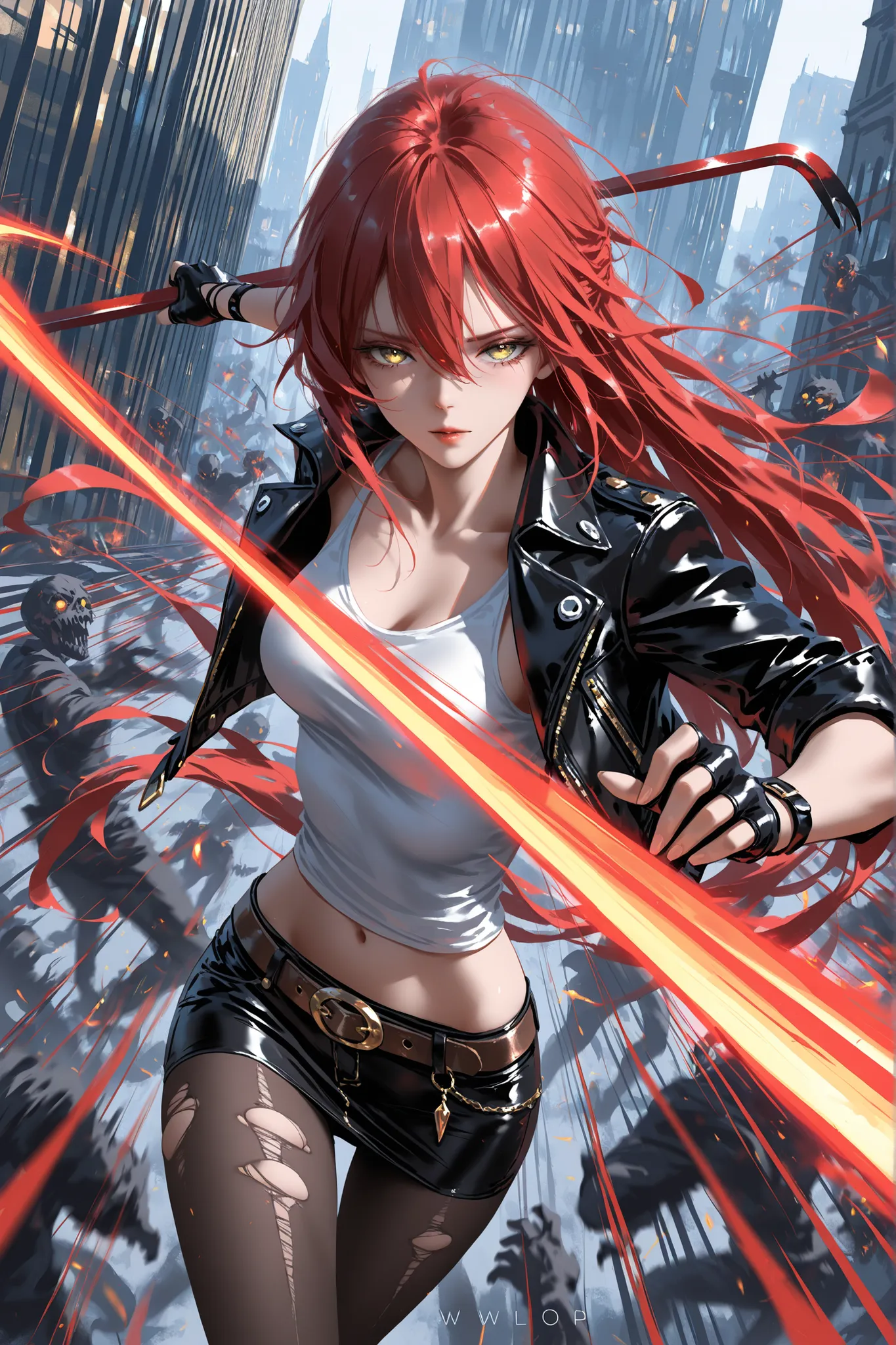 wlop, rella, anime style, 1 girl , golden eyes , very long hair , long sidelocks, red hair ,half updo, petite , very cute , beautiful ,Straight hair, cool, handsome, hair between eyes, sexy, medium breasts, messy hair, leather jacket, navel, miniskirt, whi...