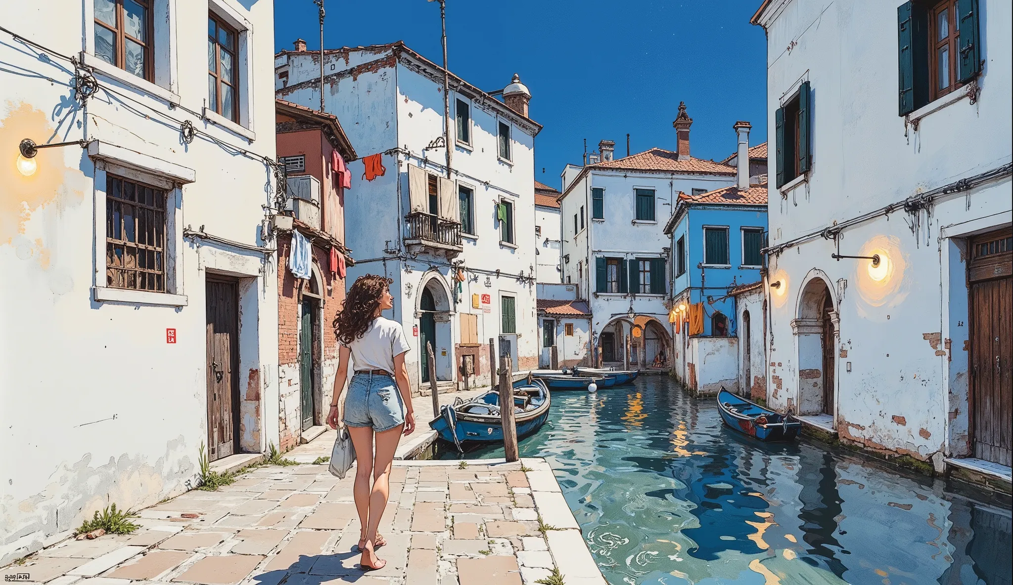 The image is a hand-drawn sketch depicting a young European woman walking in Venice, with white and blue Moroccan-style houses with clothes hanging on wires between the walls and boats in clear water. she walks and looks up at the sky there are flashlights...
