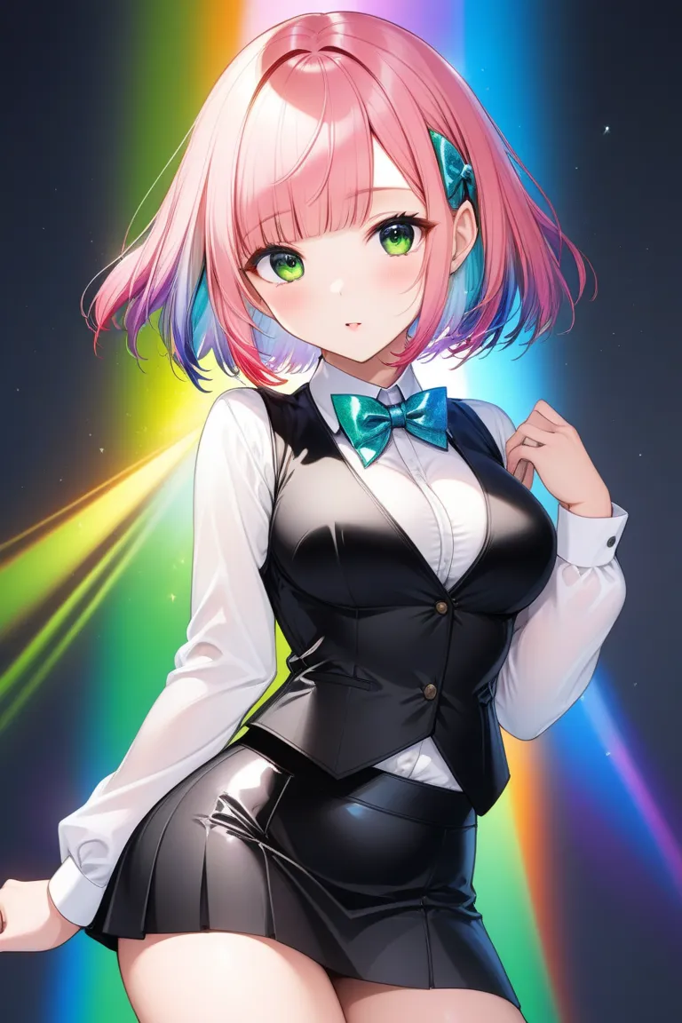 ultra detailed, absolutely resolution, masterpiece, cute woman, pink bob cut, blunt bangs, perfect great proportions, cleavage, Belly-baring, wearing dealer's formal attire (shiny black vest, tight mini skirt, bow tie, white shirt), slut, lewd expression, seduction, make up, green in black eyes, glitter and rainbow color colorful background, (brilliant light and shadow, seamless, contrast, gradation) effects, highly detailed, sharp focus and contrast, extremely clear image, 2.5D, artistic photography, hyper realistic, effects magic, shading effects magic, lighting effects magic