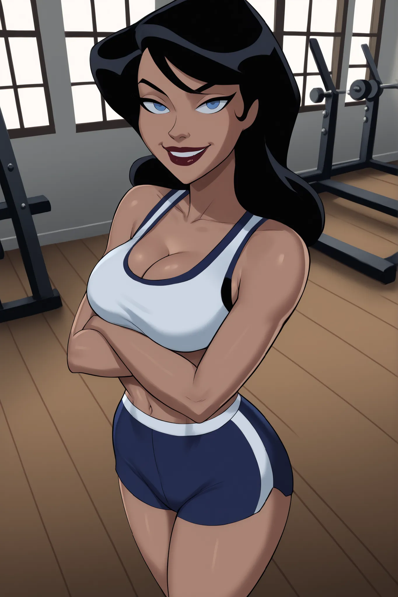 PonyXLV6_Scores BREAK ((parody) perfect anatomy, perfect eyes, cowboy shot), BREAK zatanna zatara, long hair, black hair, dark-skinned female, blue eyes, bright red lipstick, ((looking at viewer)), navy sports bra, navy workout shorts, large breasts, cleav...