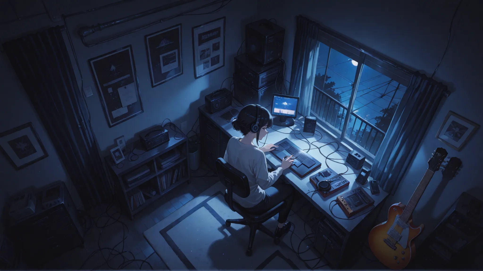 masterpiece,Woman, black very short  hair,headphone,guitar,lie flat,room,night,overhead shot,anime,高精細