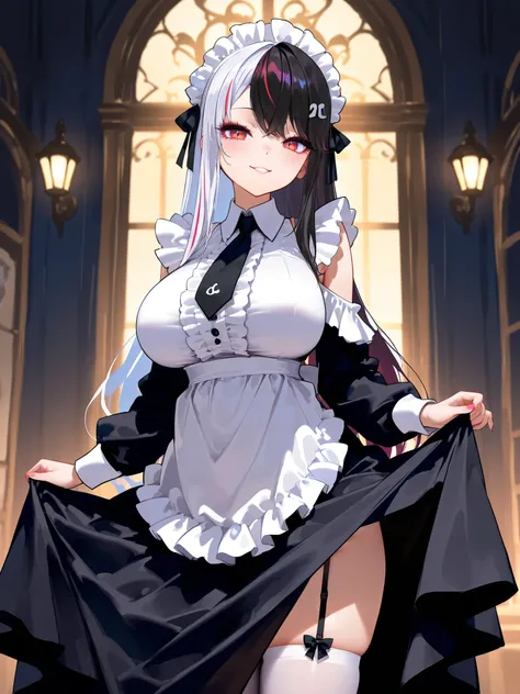 night viewing（Nijisanji）、nsfw..（Super Details）、（（masterpiece）），（Highest Quality）、（very aesthetic）、white and black half color hair、red eyes、masterpiece 、 8k resolution、vivid texture and color、length_ eyelashes／mascara、big eyes、whiplash、Big Breasts、thick thi...