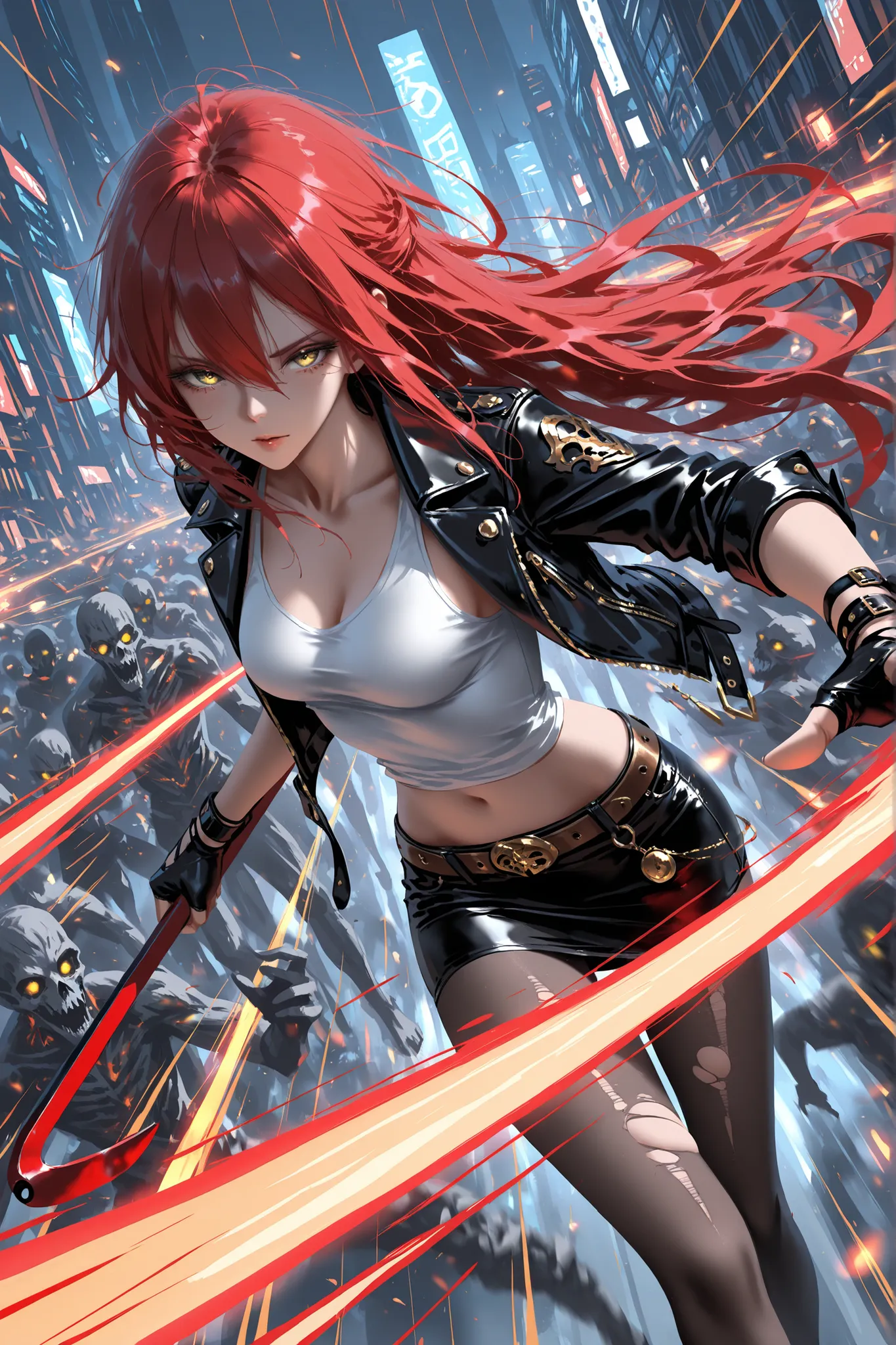 wlop, rella, anime style, 1 girl , golden eyes , very long hair , long sidelocks, red hair ,half updo, petite , very cute , beautiful ,Straight hair, cool, handsome, hair between eyes, sexy, medium breasts, messy hair, leather jacket, navel, miniskirt, whi...