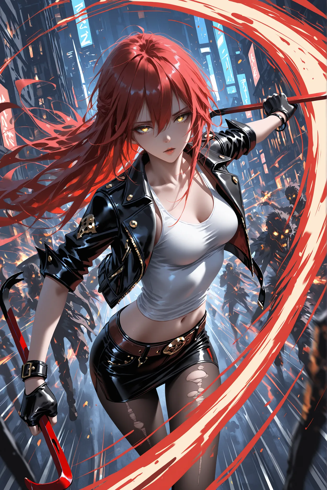 wlop, rella, anime style, 1 girl , golden eyes , very long hair , long sidelocks, red hair ,half updo, petite , very cute , beautiful ,Straight hair, cool, handsome, hair between eyes, sexy, medium breasts, messy hair, leather jacket, navel, miniskirt, whi...