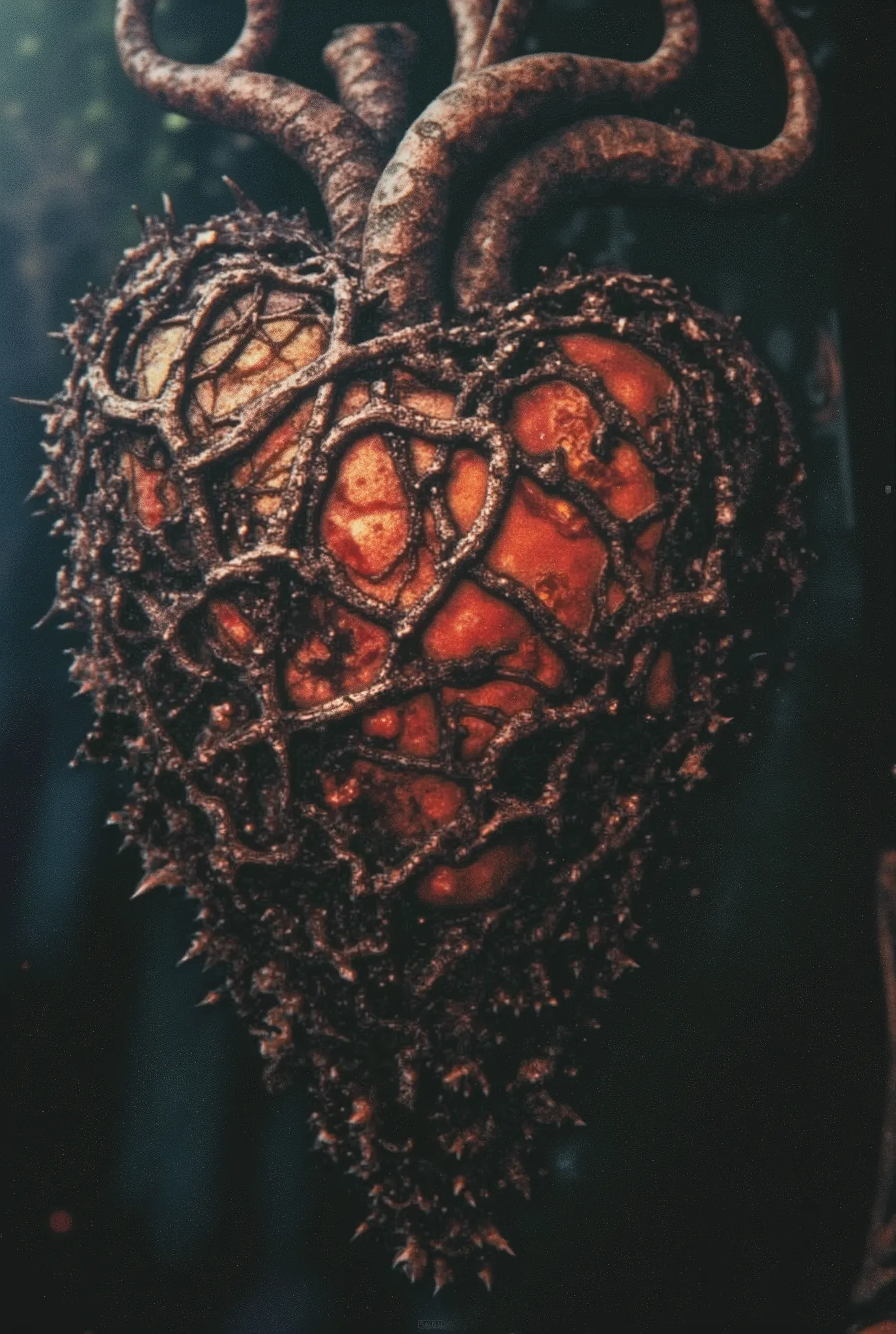 A close-up of the Heart Of Thorns, estilo jim burns punk