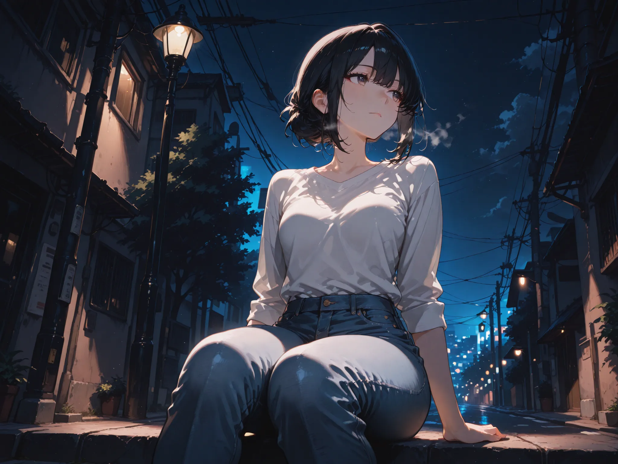masterpiece,Woman, black  hair,small breast,shirt, jeans, sitting,night, Street lamp light,,anime