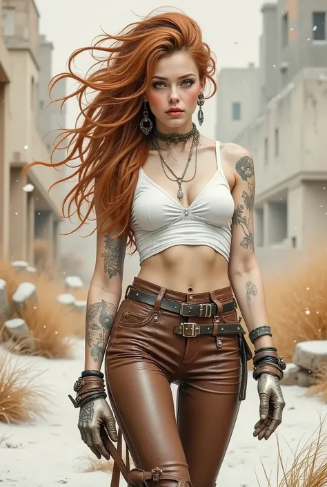 Realistic digital art. Realistic image of an unreal apocalypse girl. She stands with her head slightly turned towards the viewer. A very beautiful, slender, muscular European-type girl. Pale skin. Beautiful, big turquoise eyes. The look is incredulous and ...